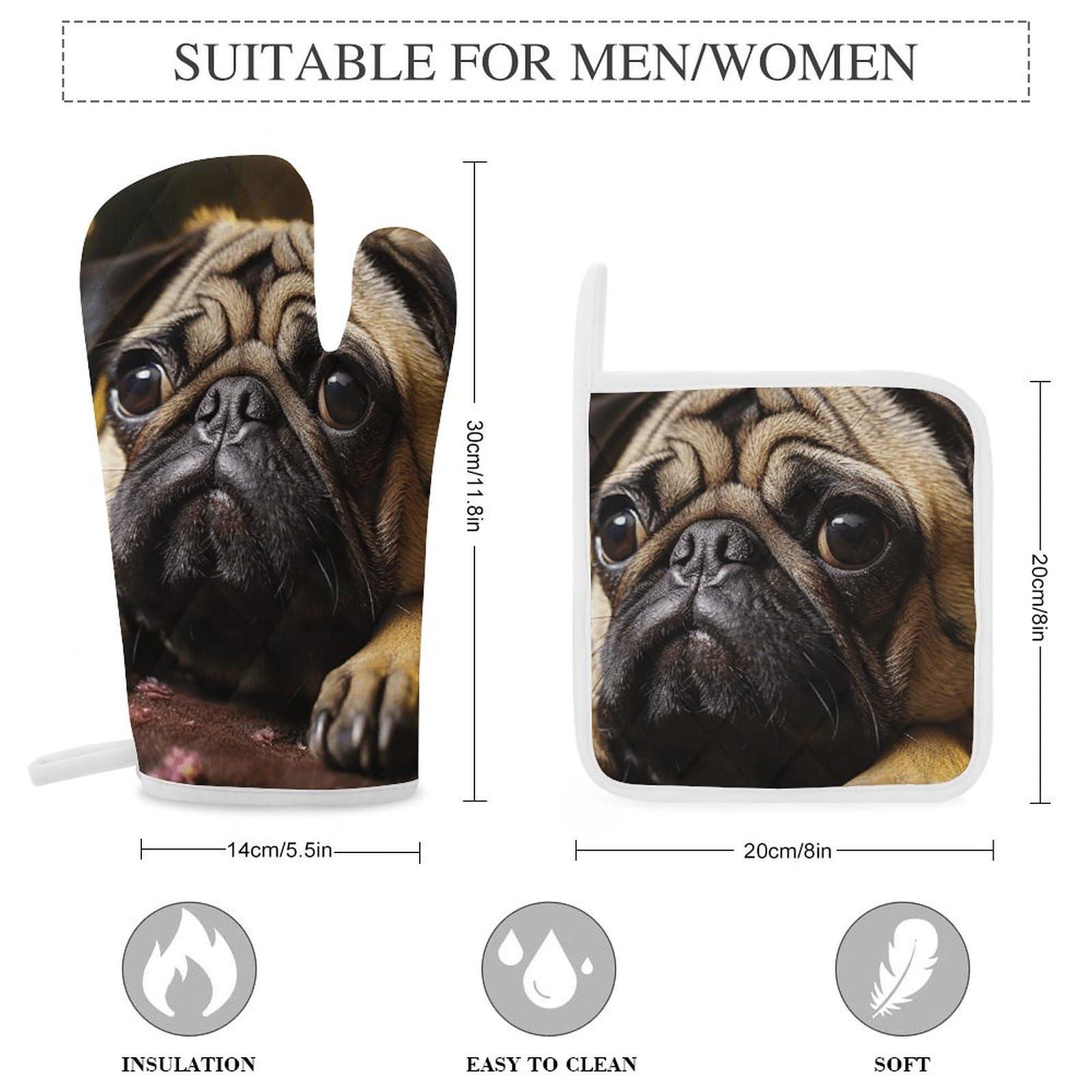 LZQPOEAS Oven Mitts and Pot Holders 3 Pcs Set Oven Glove Cry Pug Oven Mitt Heat Resistant Kitchen Oven Gloves for Cooking Hot Pads Non-Slip Cooking Gloves for Baking Kitchen Hot Pads for Grilling Microwave