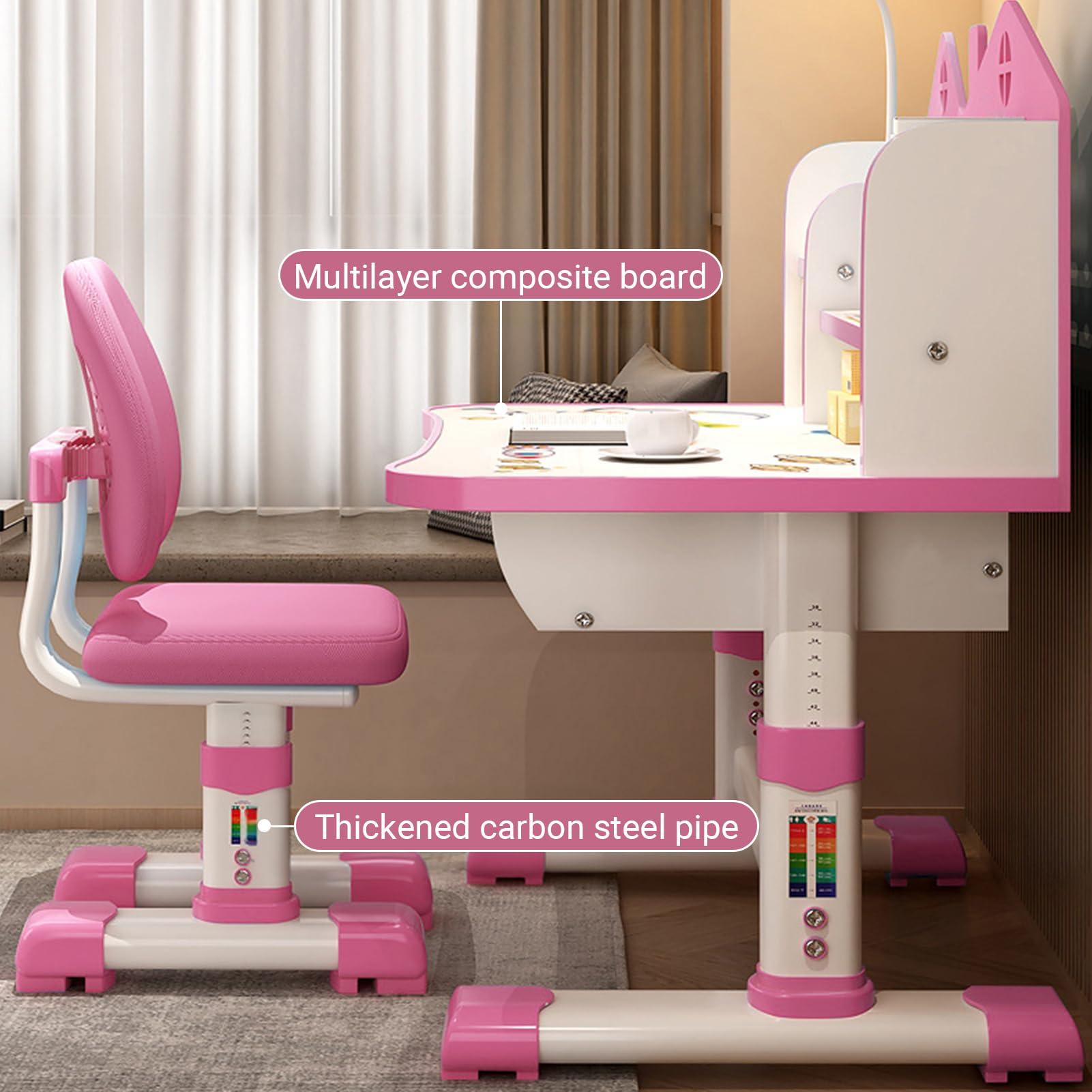 HEVIRGO Children Learning Desk and Chair Set Pink Desk Set Height Adjustable with Drawers and Storage Compartments Curved Desktop Cartoon Learning Desks and Chairs Reading/Learning/Writing for Girls (Pink)