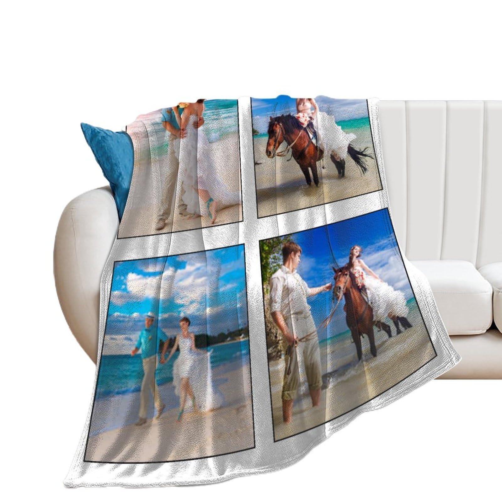 WIORUTI WIORUTI Custom Blanket with Photo Text Personalized Throw Blankets Customized Picture for Mother Father Adult Friends Personalized Gift Flannel Blanket Birthday Christmas, 4 Photos, 31\"x47\"