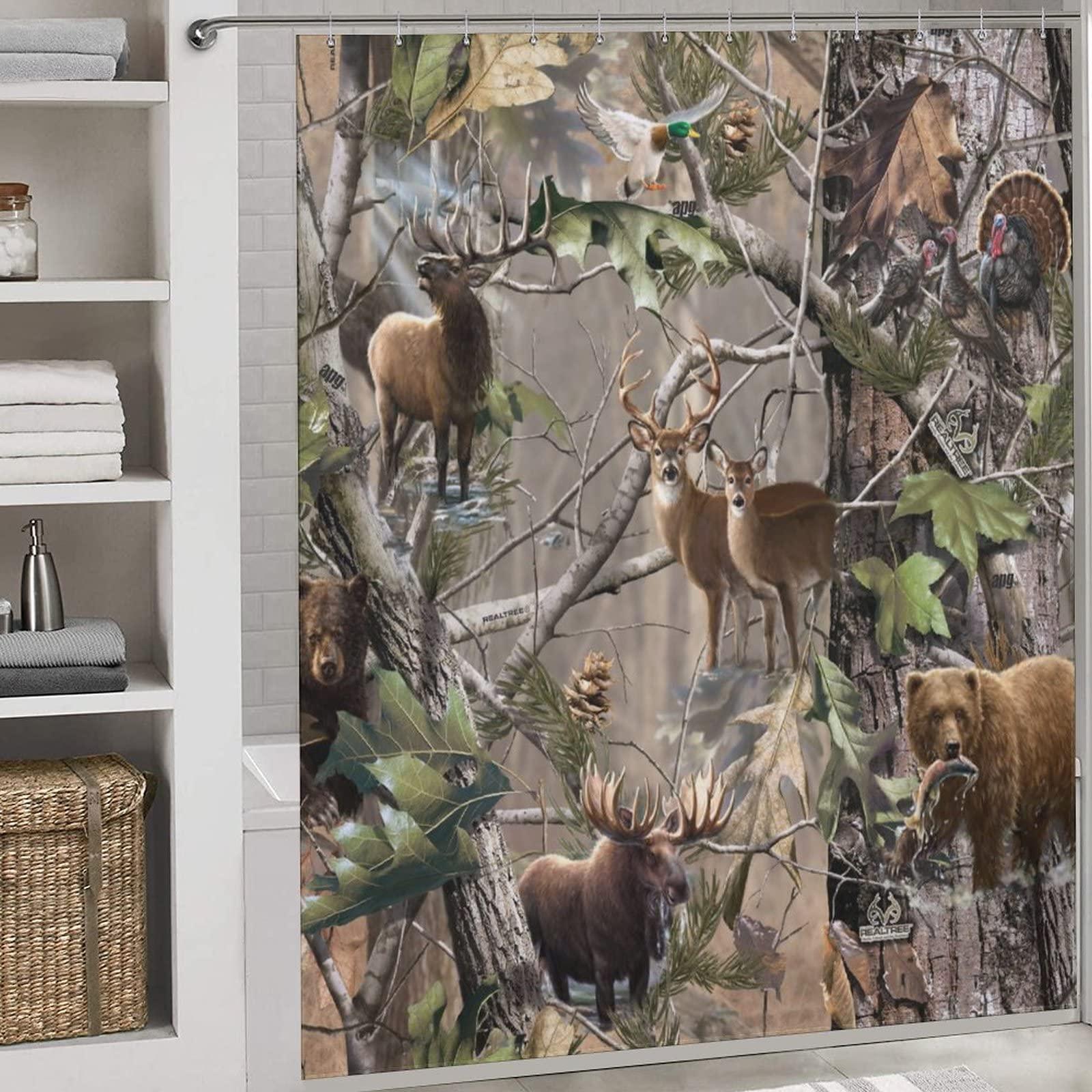 XKAWPC Camo Deer Camouflage Hunting Shower Curtain with Hooks Fabric Cloth Decor Bath Curtains for Bathroom Apartment 72x72Inch (183x183cm)