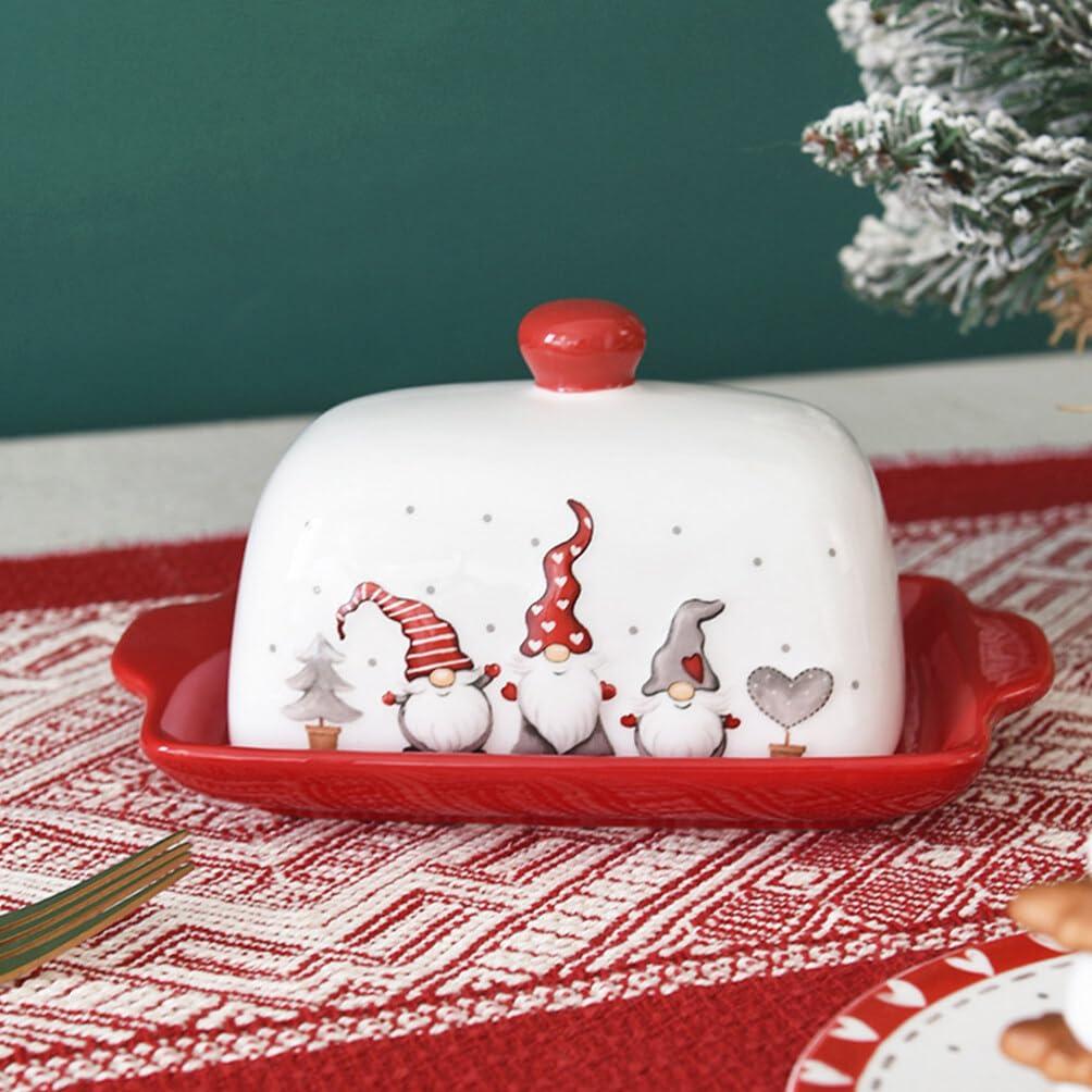 HOLIDYOYO HOLIDYOYO Ceramic Butter Dish with Lid Christmas Butter Holder Butter Keeper Butter Serving Tray with Cover Butter Crock for Countertop Kitchen Refrigerator