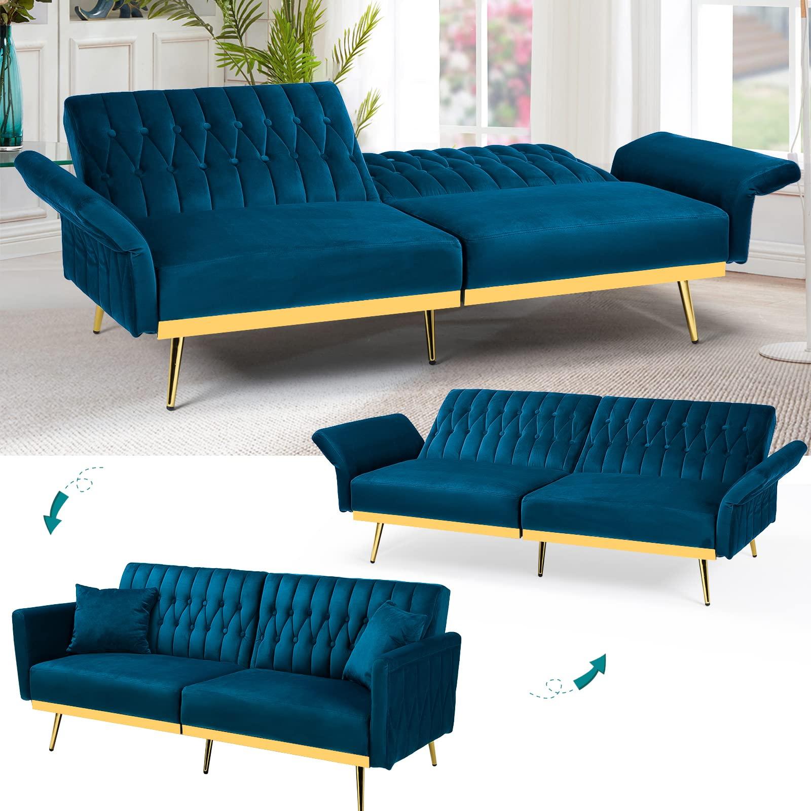 ACMEASE ACMEASE 2 Pieces Velvet Sofa Set with Adjustable Armrest and Backrest, 70 Convertible Futon Sofa Bed & Mordern Accent Chair with Ottoman for Living room, Bedroom, Teal