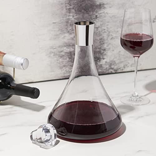 Viski Viski Harrison Wine Decanter and Stopper, Glass Pitcher for Red and White Wine, Wine Carafe, Perfect for wine Lovers, Chrome Rimmed, Set of 1, 60oz