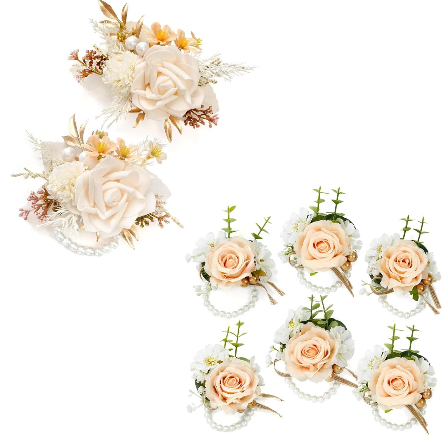 Serwalin Serwalin Champagne Corsage and Boutonniere Set, Champagne Rose Wrist Corsages for Wedding