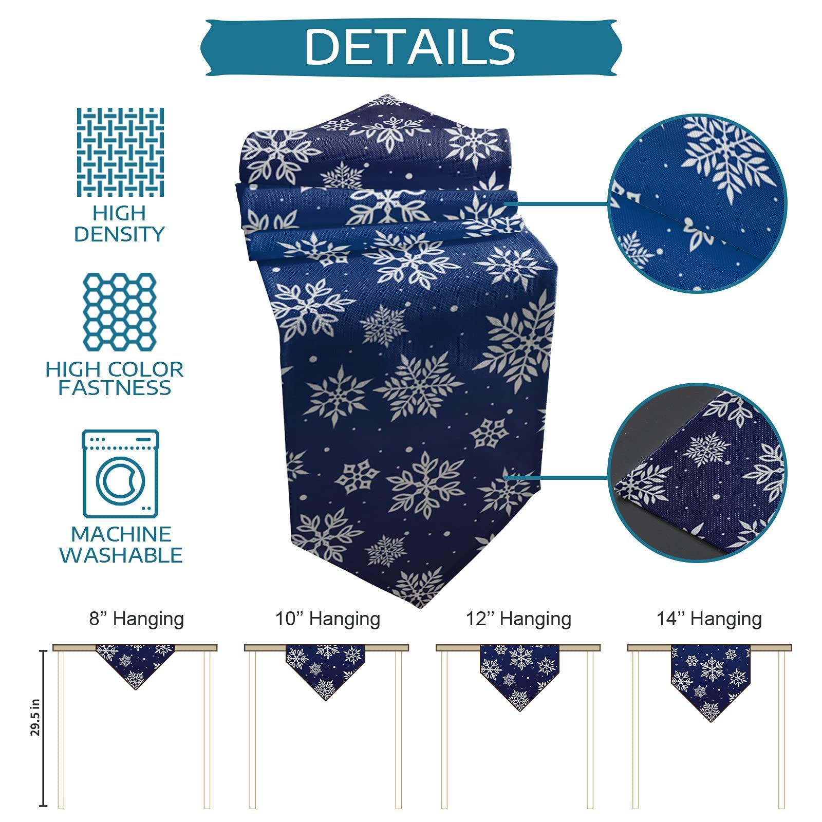 ZFUNCING Linen Table Runner-90Inch Long Christmas White Snowflake on Blue Washable Burlap Table Runners Winter Snowy Dining Dresser Scarfs for Kitchen Wedding Holiday Party Tables Decor
