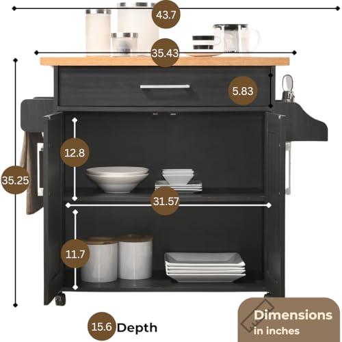 Hodedah Hodedah Kitchen Island with Spice Rack, Towel Rack & Drawer, Black with Beech Top