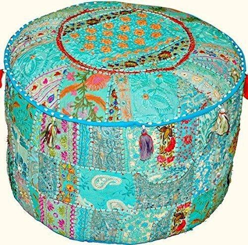 Sophia-Art Indian Embroidered Patchwork Ottoman Cover,Traditional Indian Decorative Pouf Ottoman,Indian Comfortable Floor Cotton Cushion Ottoman Pouf,Indian Designs Ethnic Patchwork Pouf 18X13 inch (Sky Blue