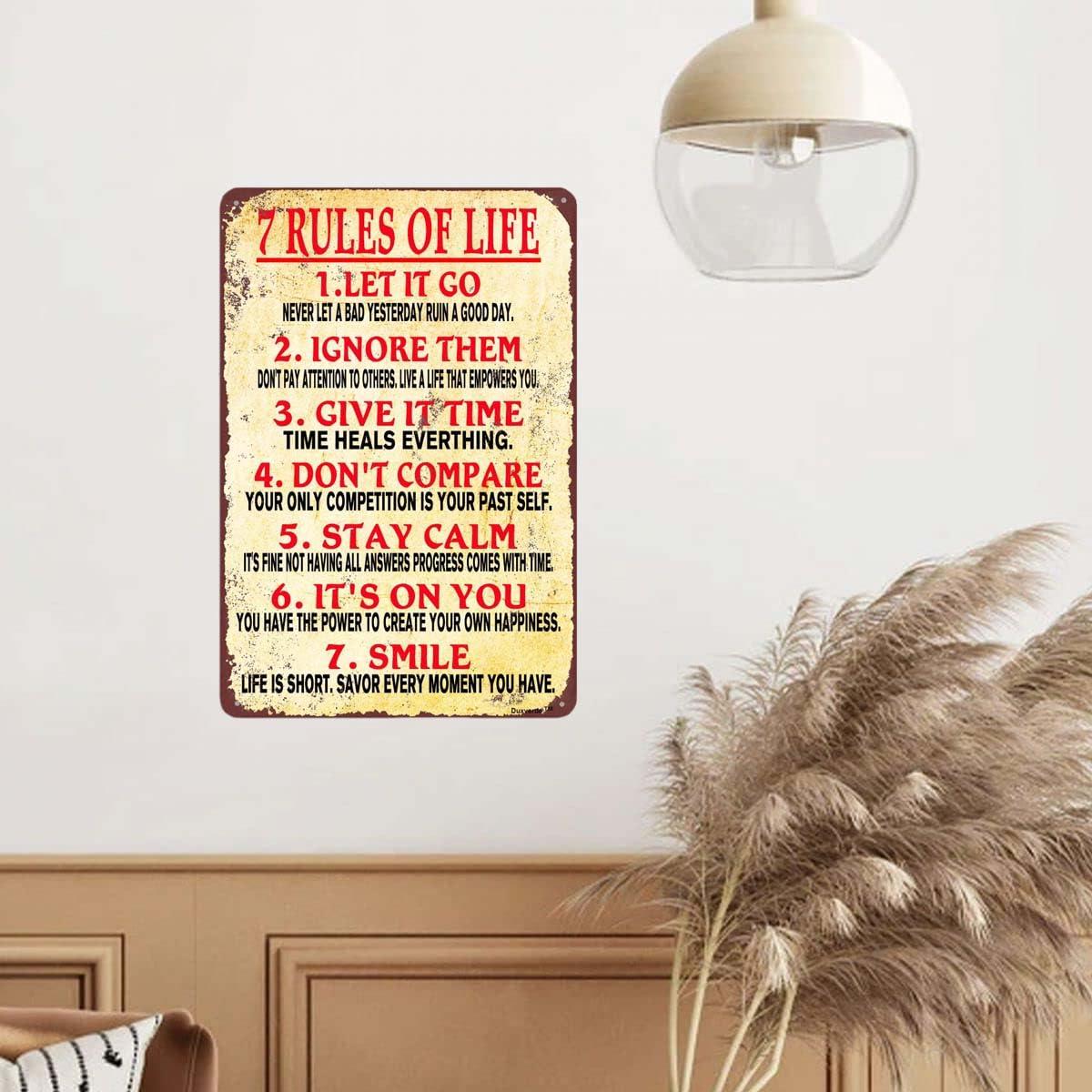 Duxverde 12\"x16\" Aluminum Sign, 7 Rules of Life Sign, Inspiring Positive Quotes Room Decor for Living Room Bedroom Classroom