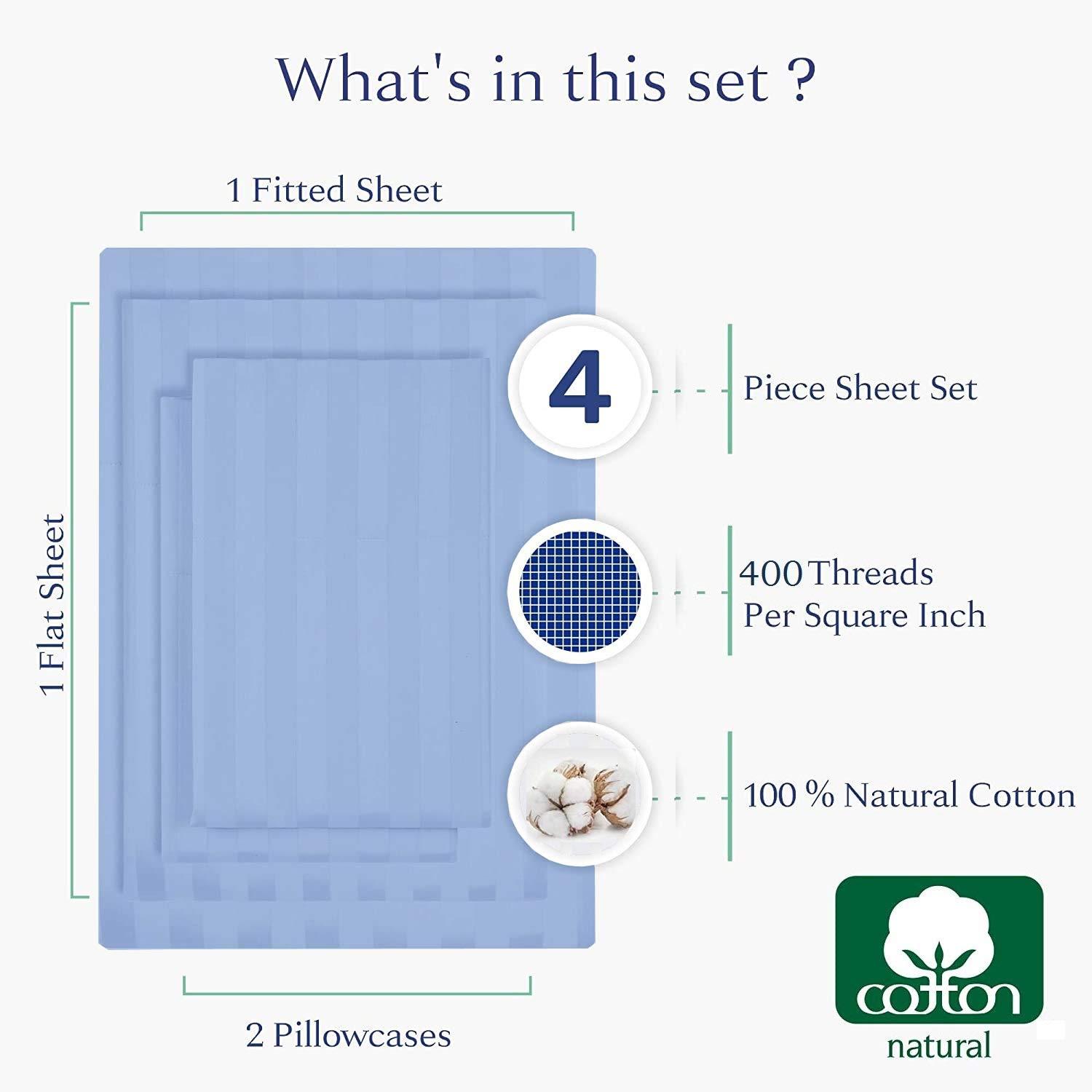 Cottington Lane California King Size Sheet Set-100% Egyptian Cotton Bed Sheets-400 TC Cotton Sheets-4 Piece Sheet Set Fits Mattress Upto 16 Inch Deep Pocket Fitted Sheet-72 x 84 Size Sheets for Light Blue Stripe Bed