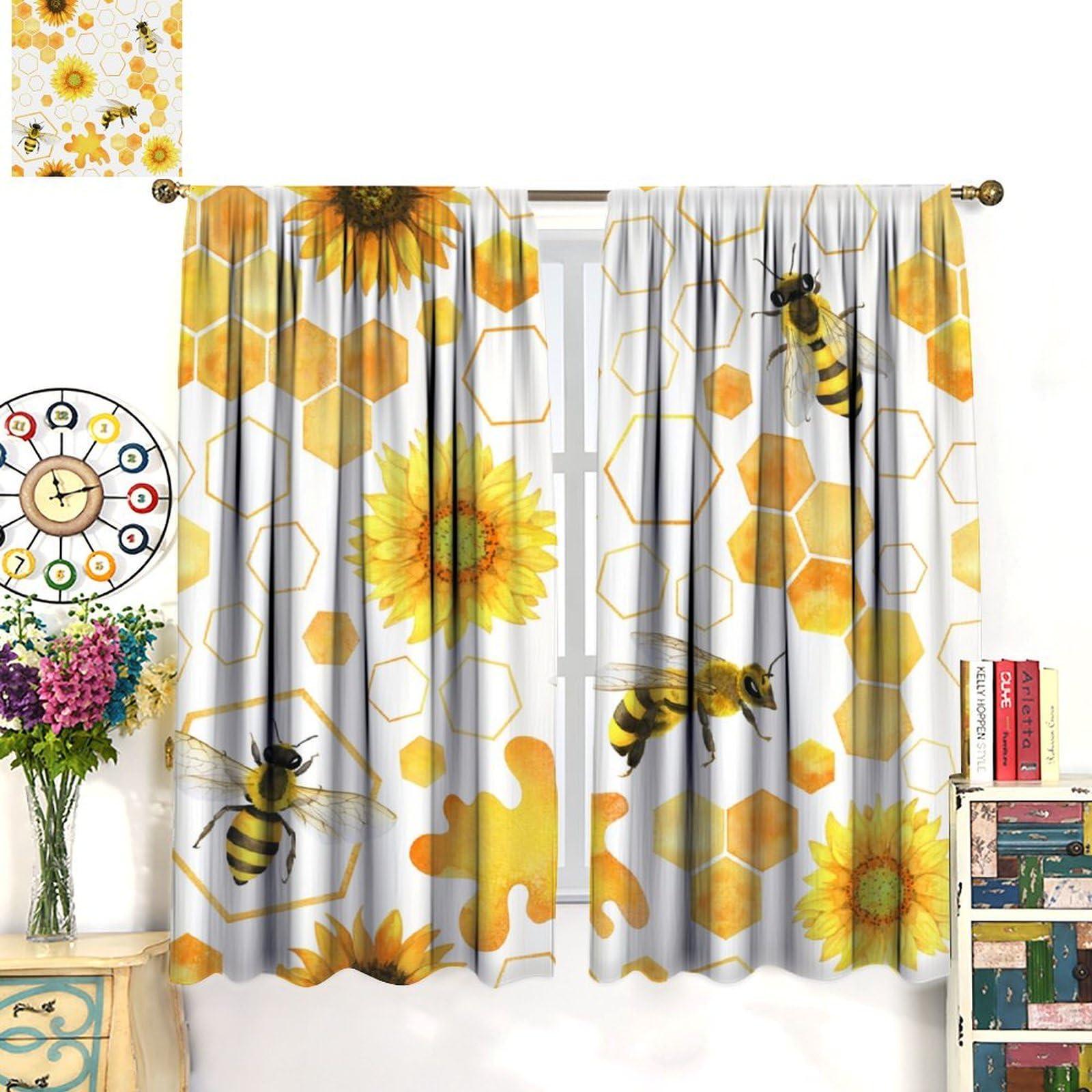 PHTAYOT Honey Bee Curtains, Bumble Bee Along Honey Comb Hexagonal Sunflower Print for Kids Boys Girls Room Decor, Rod Pocket Blackout Window Drapes for Bedroom Living Room Kitchen21 W X 63\" L