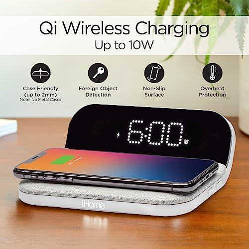 iHome iHome iW18 Digital Alarm Clock, Dual Alarm Clock with USB Charger & QI Charging, Alarm Clocks for Bedrooms, Adjustable Brightness Dimmer (White)