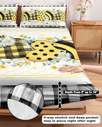 Alandar Home Cal King Fitted Bed Sheet Deep Pocket,Summer Daisy Bee Love Heart Eucalyptus Leaves Bedding Sheet Soft Brushed Microfiber Fitted Sheets,Black White Plaid Hotel Fitted Bottom Sheet with Pillowcase Set