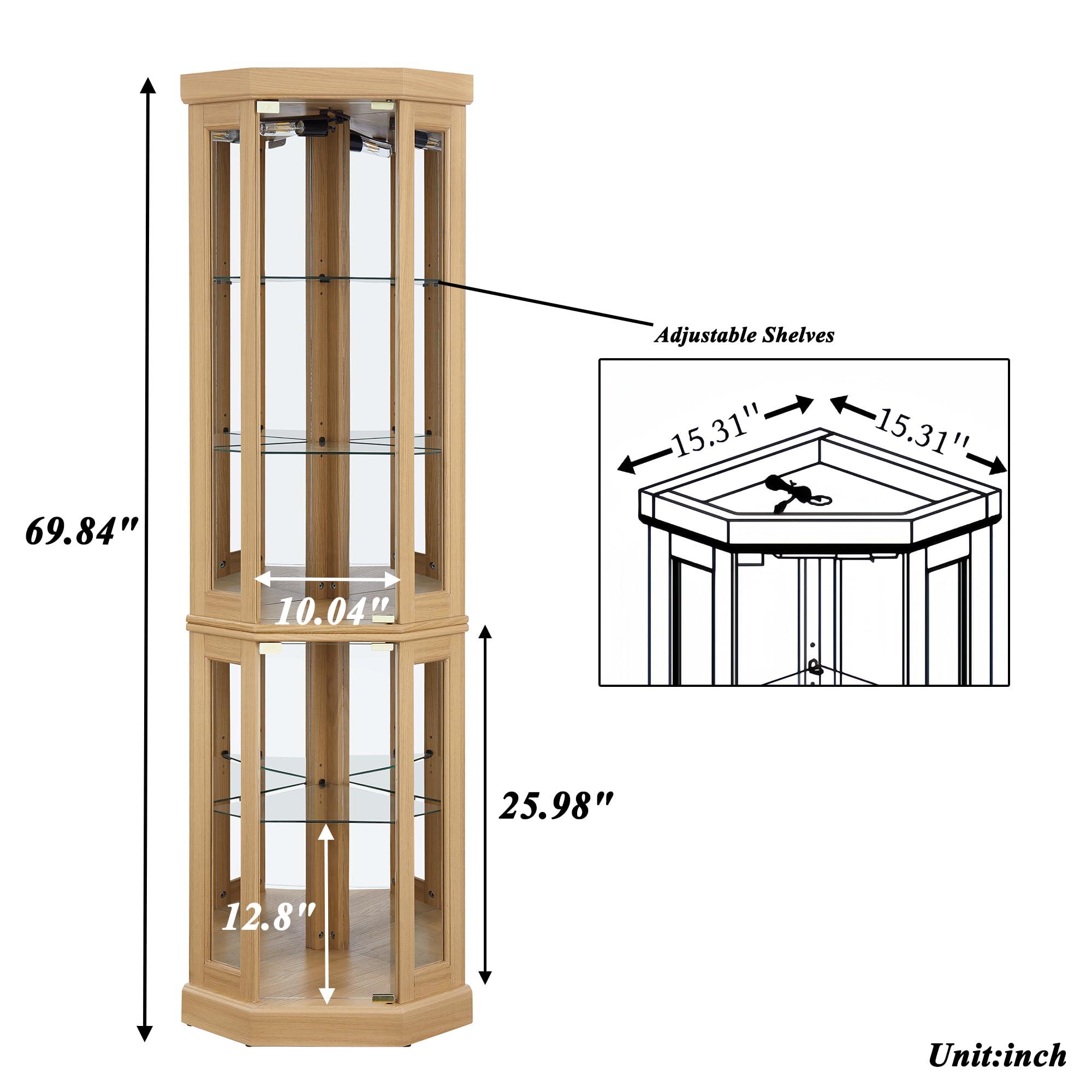 XZTUAJ XZTUAJ Corner Curio Cabinet Display Case with Light, 69\" H Glass Display Cabinet, Display Showcase Case Storage with Tempered Glass Door & Adjustable Glass Shelves for Living Room (Light Oak)