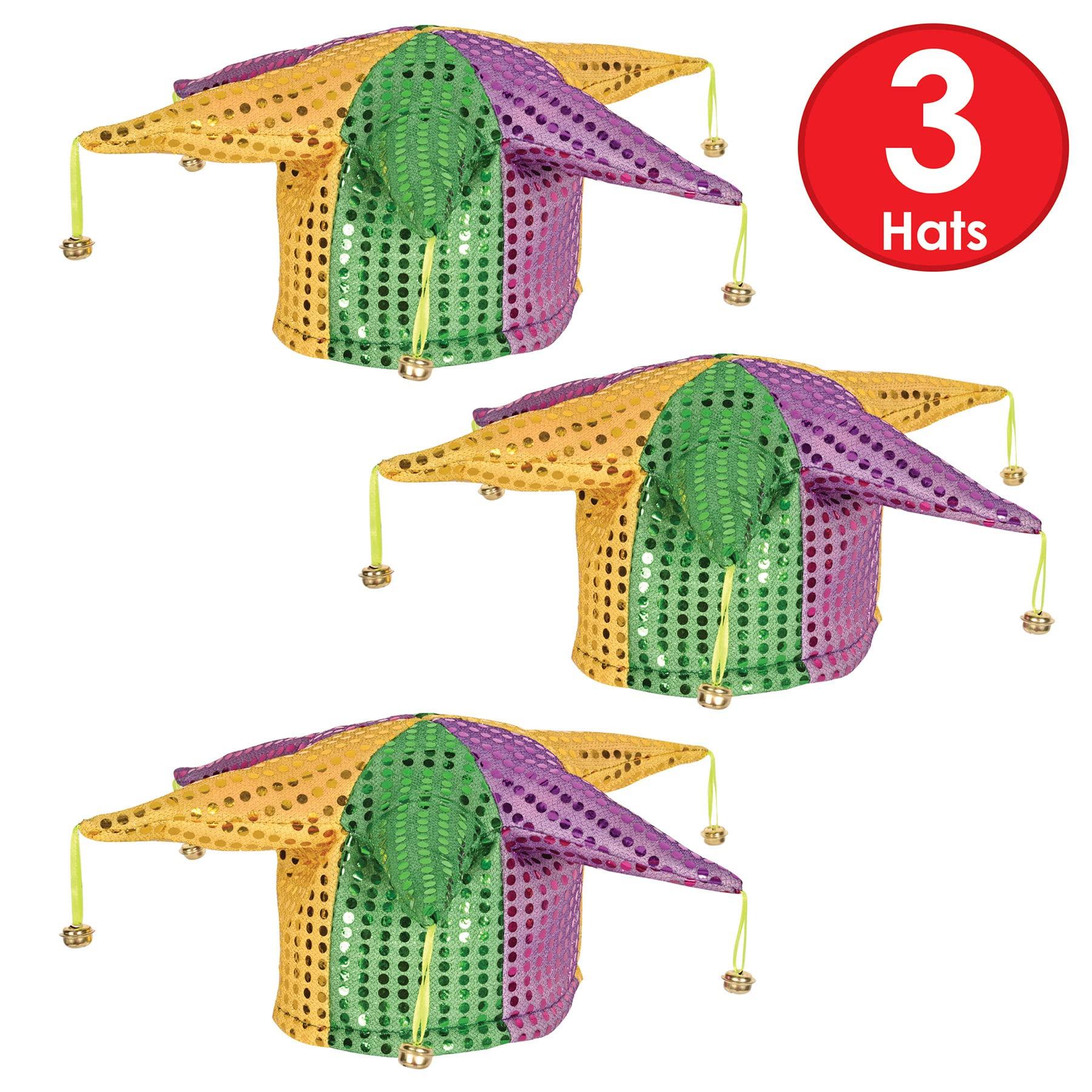 Beistle Beistle Glitz \'N Gleam Jester Hats, 3 Pack, Sequined Mardi Gras Costume Headwear with Bells in Green Gold and Purple for New Orleans Parties and Festive Celebrations