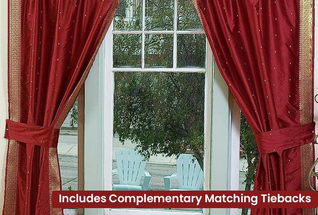 Indian Selections Handcrafted Rust Indian Sari Curtains, Tiebacks Included Unlined Tie Top Sari Sheer Curtains, 80\"W x 84\"L, Beauty & Elegance for Living Rooms, Bedrooms, and Dining Rooms, Sold in Pairs