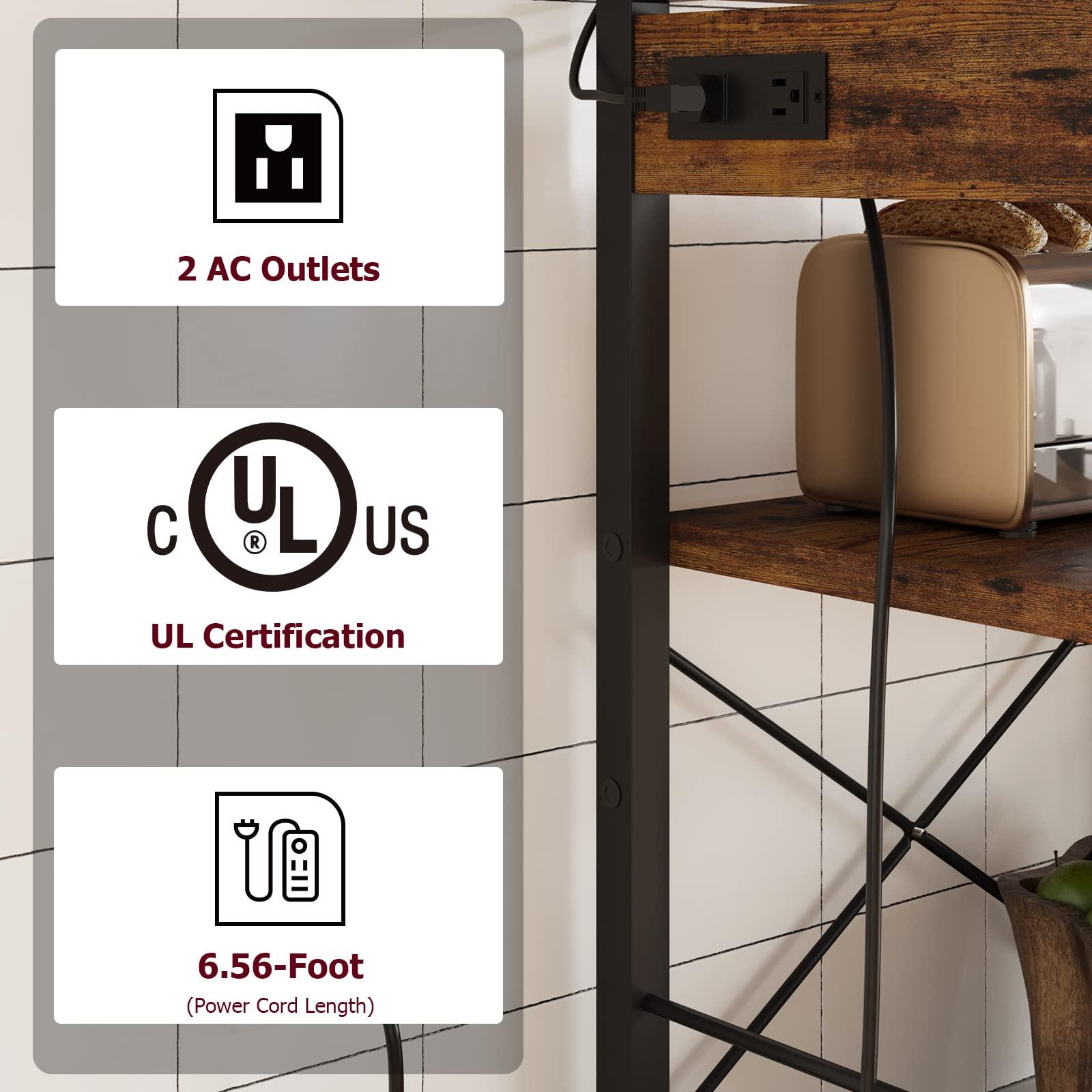 GarveeHome GarveeHome Microwave Stand Bakers Rack with Power Outlet, Kitchen Baker Rack with Wire Basket, 6-Tier Large Freestanding Utility Storage Shelf for Kitchen Dining Living Room, Rustic Brown