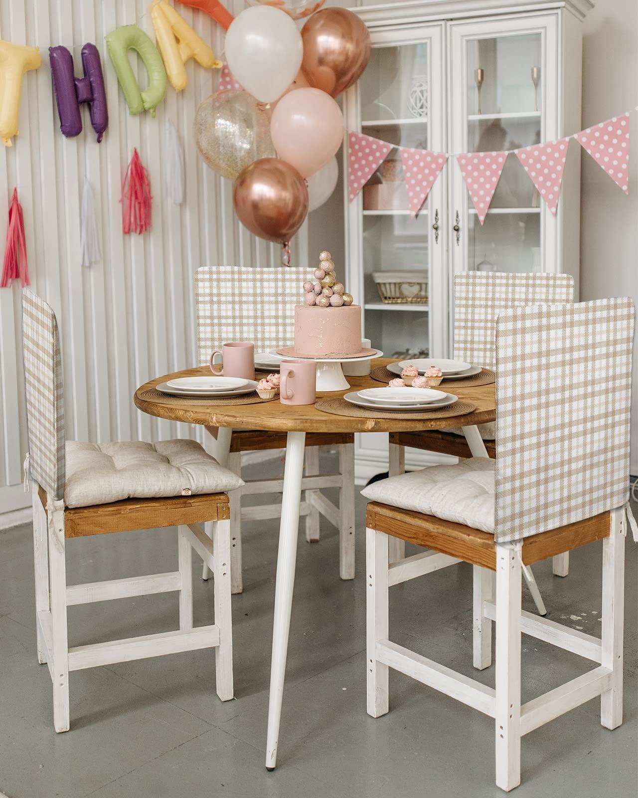 Savannan Savannan Dining Chair Back Covers, Autumn Farmhouse Light Brown Gingham Buffalo Check Plaid Chair Covers Chair Slipcovers Protective Covers for Holiday Party Festival Decoration, Set of 8