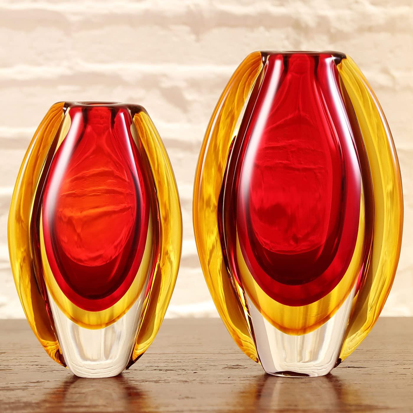 Luxury Lane Luxury Lane Hand Blown Sommerso Oval Art Glass Vase for Decor Centerpiece Table Decoration Red 8.5 inch tall