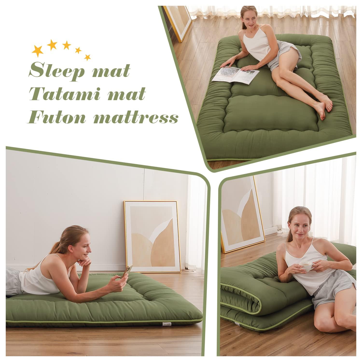 Zelladorra Zelladorra Japanese Floor Mattress, Futon Mattress with Portable Storage Bag and Washable Cover, Roll Up Mattress Thick Tatami Mattress Suitable for Camping, Guest Room, Green, Twin