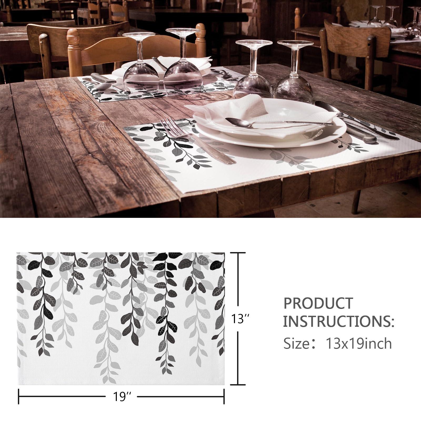 Gehucoxee Black Grey Botanical Placemats for Dining Table Set of 4, Washable Placemats Cotton Linen Place Mats for Kitchen/Dining, Farmhouse Table Mats Country Leaves Geometric Texture