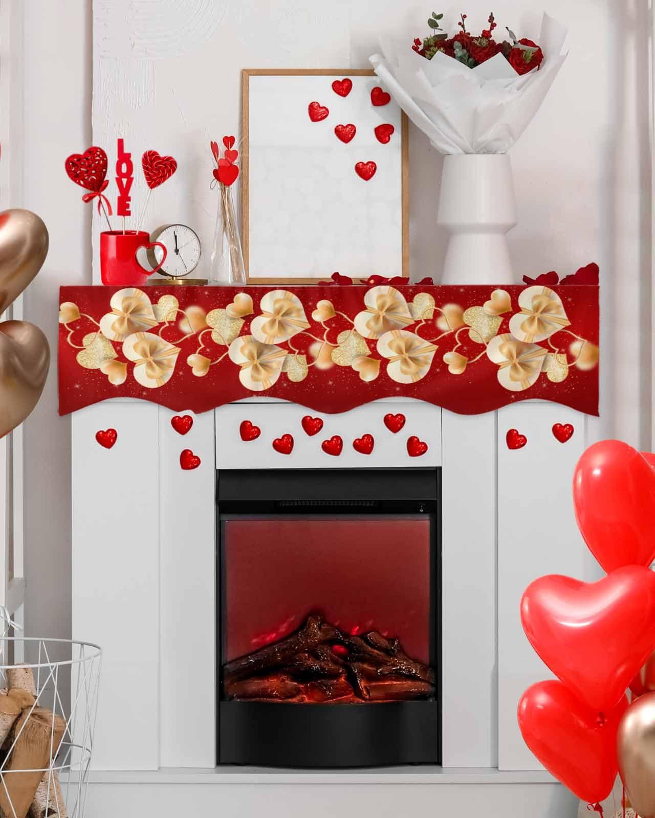 ALAGEO Mantel Scarf Gold Red Valentines Day Fireplace Mantel Scarf Cover Love Heart Bow Tie Fireplace Cloth Table Runner Decoration for Home Living Room Valentine\'s Day, Wedding, Anniversary 60 x 17 in