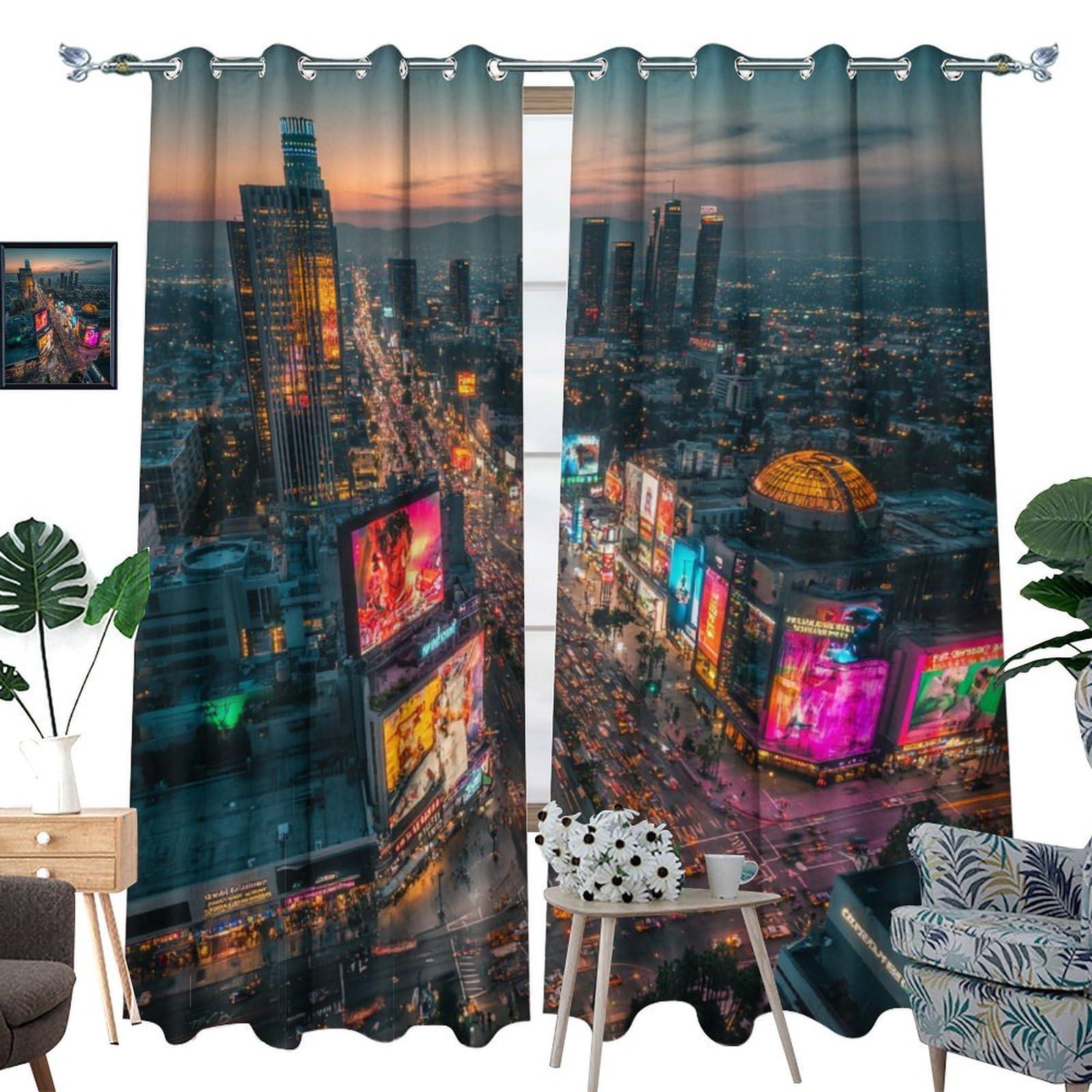 HDESDIS HDESDIS Skyline Urban Sunset Grommet Blackout Curtains for Bedroom, Night Lights Scenic Cityscape Thermal Insulated Curtains Room Darkening Window Drapes, 21W x 63L, 2 Panels