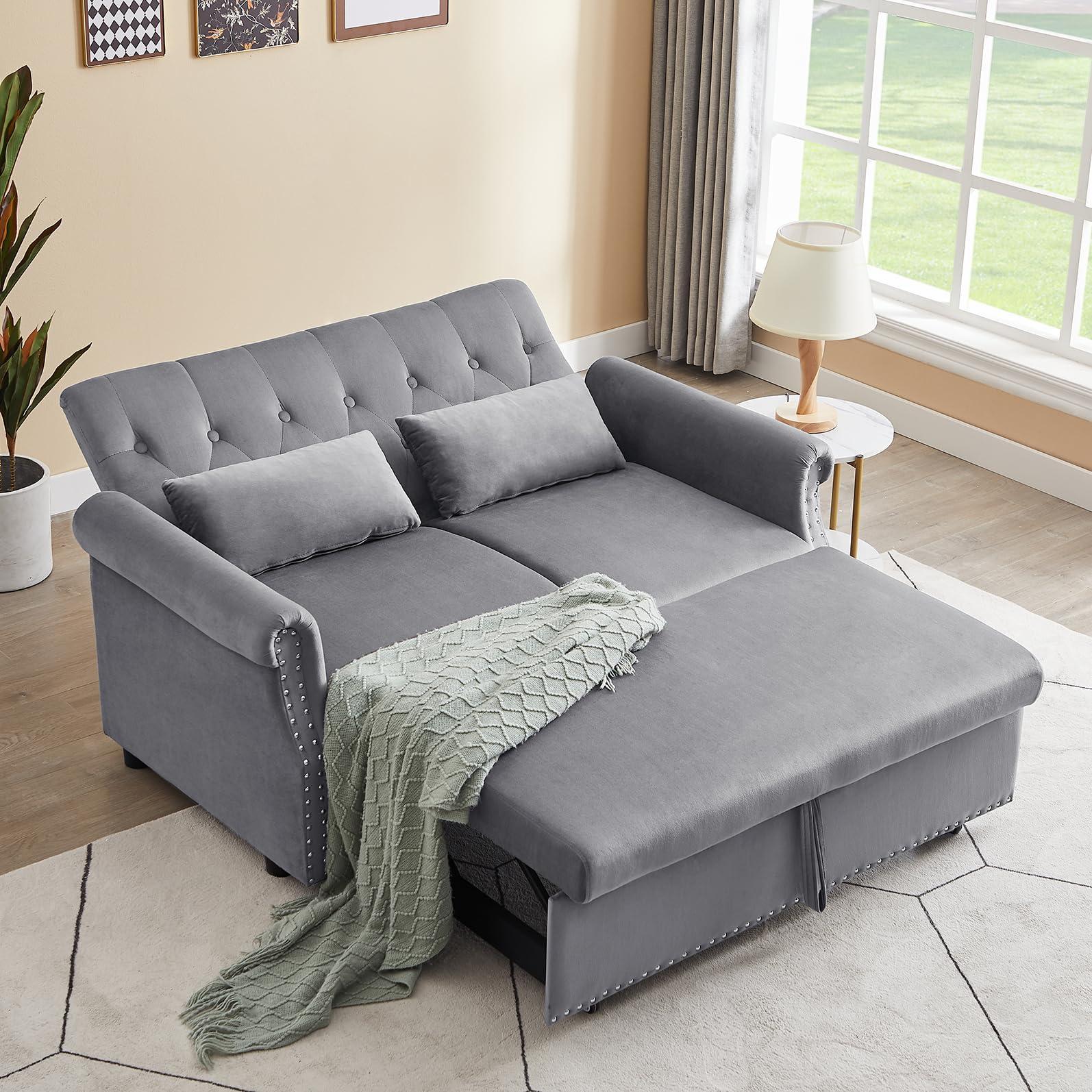 Kurhwyss Velvet Pull Out Couch Bed, Convertible Sleeper Futon Sofa with Adjustable Backrest, Modern Pullout Couch with 2 Pillows, Upholstered Small Loveseat for Living Room, Bedroom and Dorm (Grey)