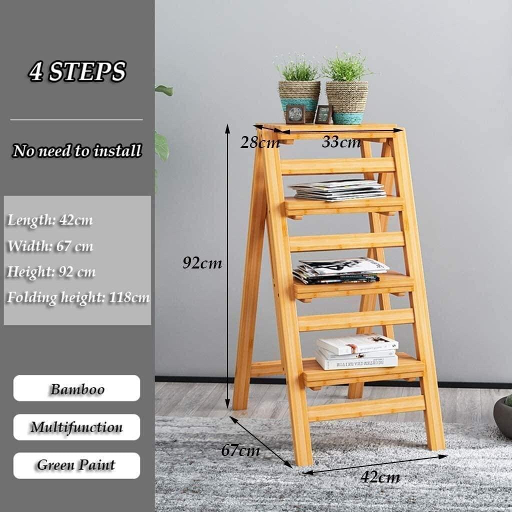 Katzowen Home Folding Step Ladder Stool Folding Step Stool,Bamboo Step Ladder Stool Folding Stepladder, 4 Steps, Folding Design Ladder with Anti-Slip Feet (Color : Wood Color)