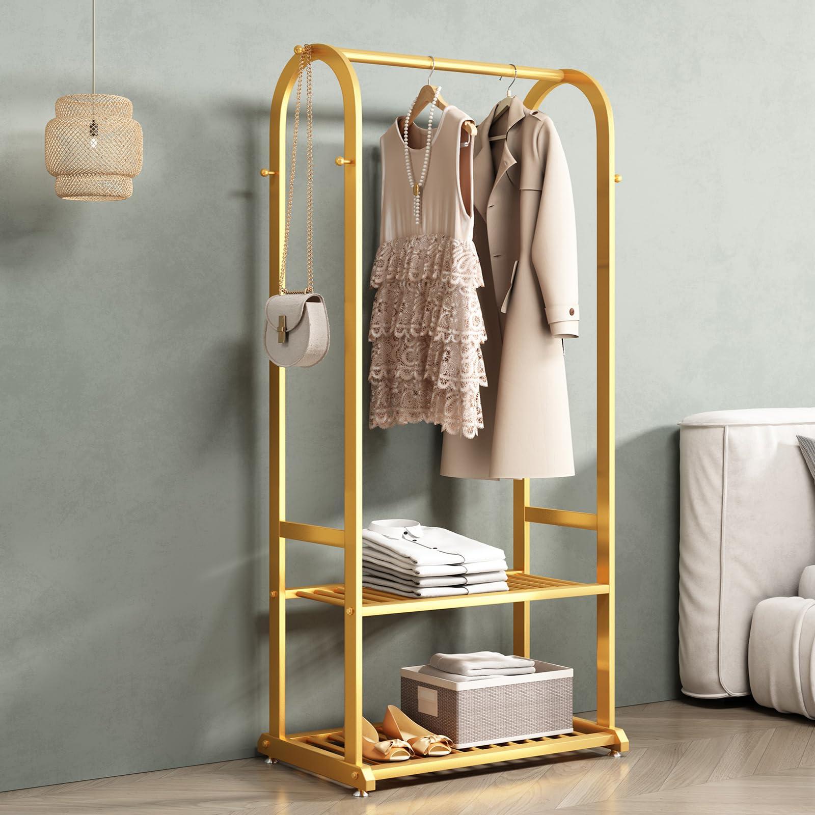 BUZUEY BUZUEY Gold clothing rack,Heavy duty clothes rack with bottom shelves,Small garment rack for hanging clothes,Wardrobe rack,hanging racks for clothes(L:23.6in)