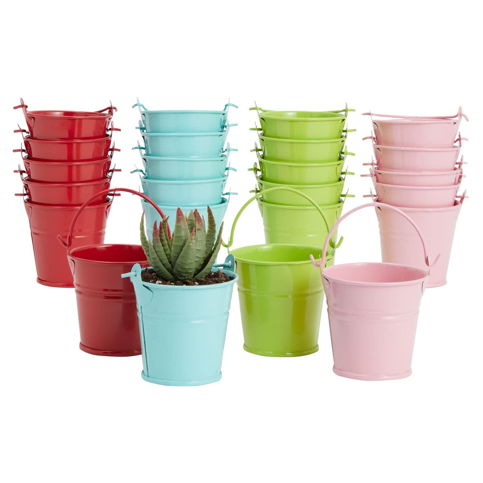 Juvale 24-Pack Mini Metal Buckets - 2-inch Small Colorful Tin Pails for Party Favors (Green, Blue, Pink, Red)