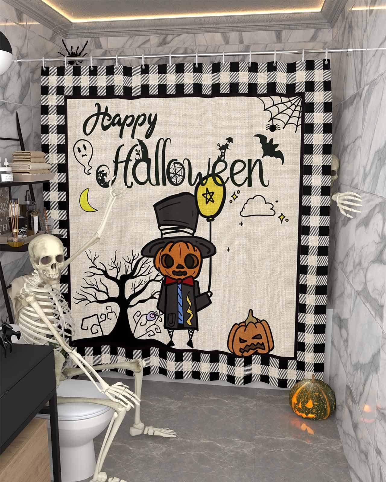 Prime Leader Halloween Shower Curtain for Bathroom Happy Halloween Pumpkin Skull Farmhouse Buffalo Plaid Waterproof Shower Curtain Set with 12 Hooks Washable Shower Curtains for Bathtubs Hotel 36\" x 78\"