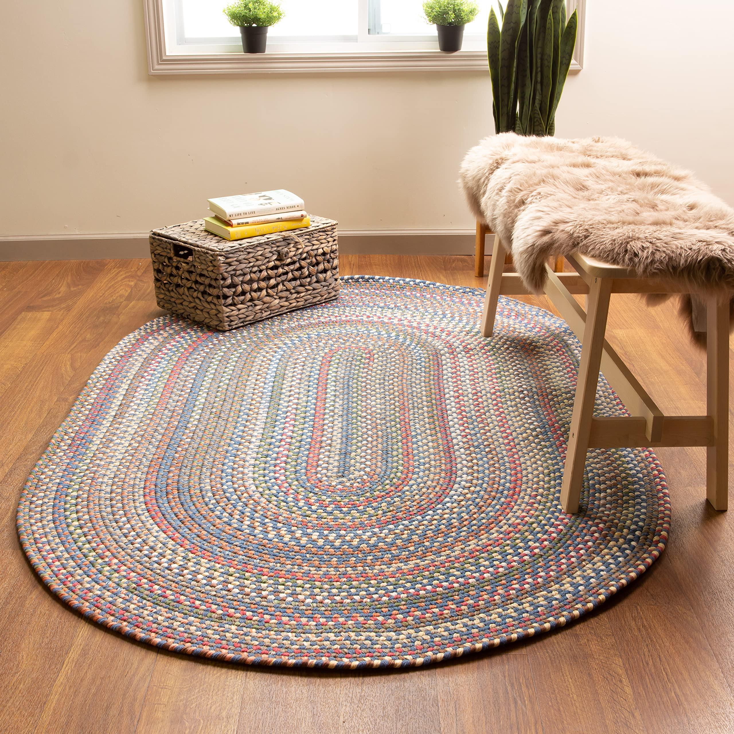 Super Area Rugs Super Area Rugs Roxbury American Made Braided Rug for Indoor Outdoor Spaces, Blue/Natural Multi, 3' X 5' Oval