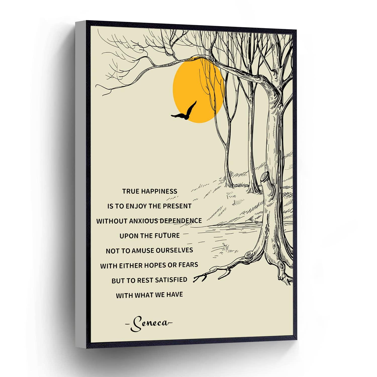 PUCHYUCT True Happiness Is To Enjoy The Present Canvas Wall Art Lucius Annaeus Seneca Poster Tree Print Vintage Decor Stretched And Framed Ready To Hang For Living Room,Bedroom,Classroom Etc (16\" X 24\")