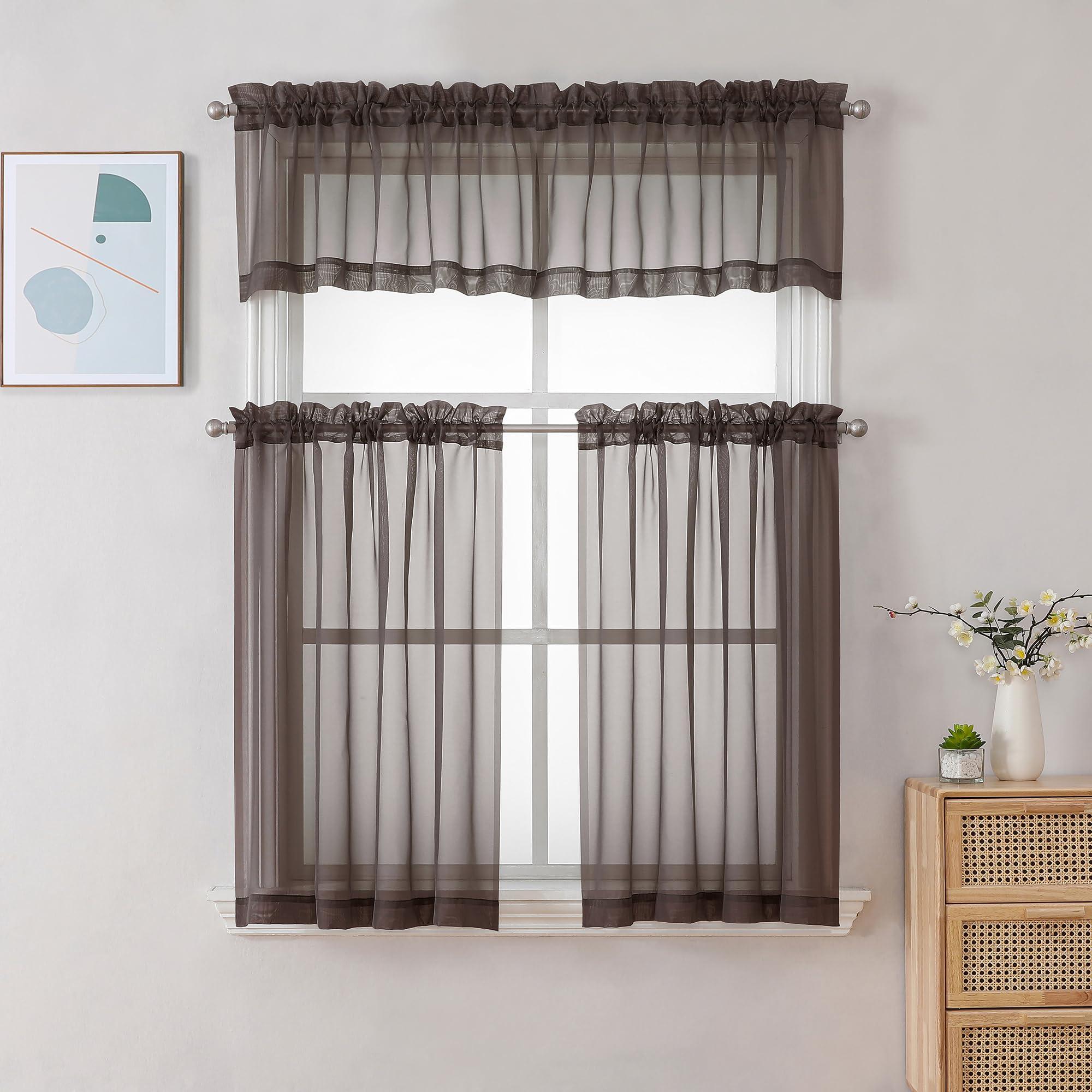 Chyhomenyc Chyhomenyc Chocolate Brown Sheer Curtains 30 inch Length 2 Panels, Light Filtering Voile Rod Pocket Short Window Curtians for Bathroom Living Room Farmhouse Small Windows, 42Wx30L inches
