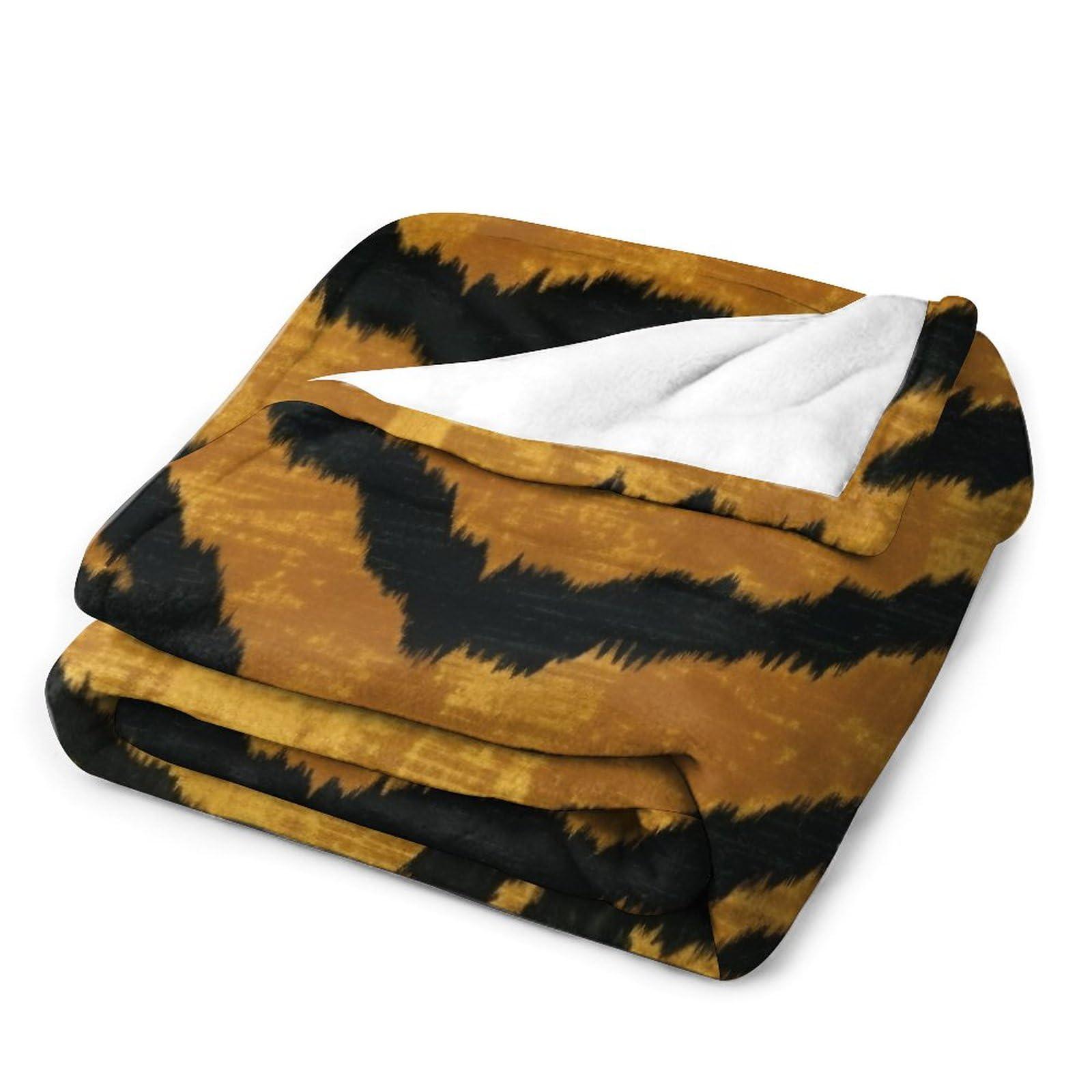 MangGou MangGou Brown Gold Black Tiger Print Bed Blankets Animal Print Tiger Stripes Fleece Blanket Chinoiserie Style Warm Throw Blanket for Bed Sofa for All Seasons 70x80in Winter Christams Gift
