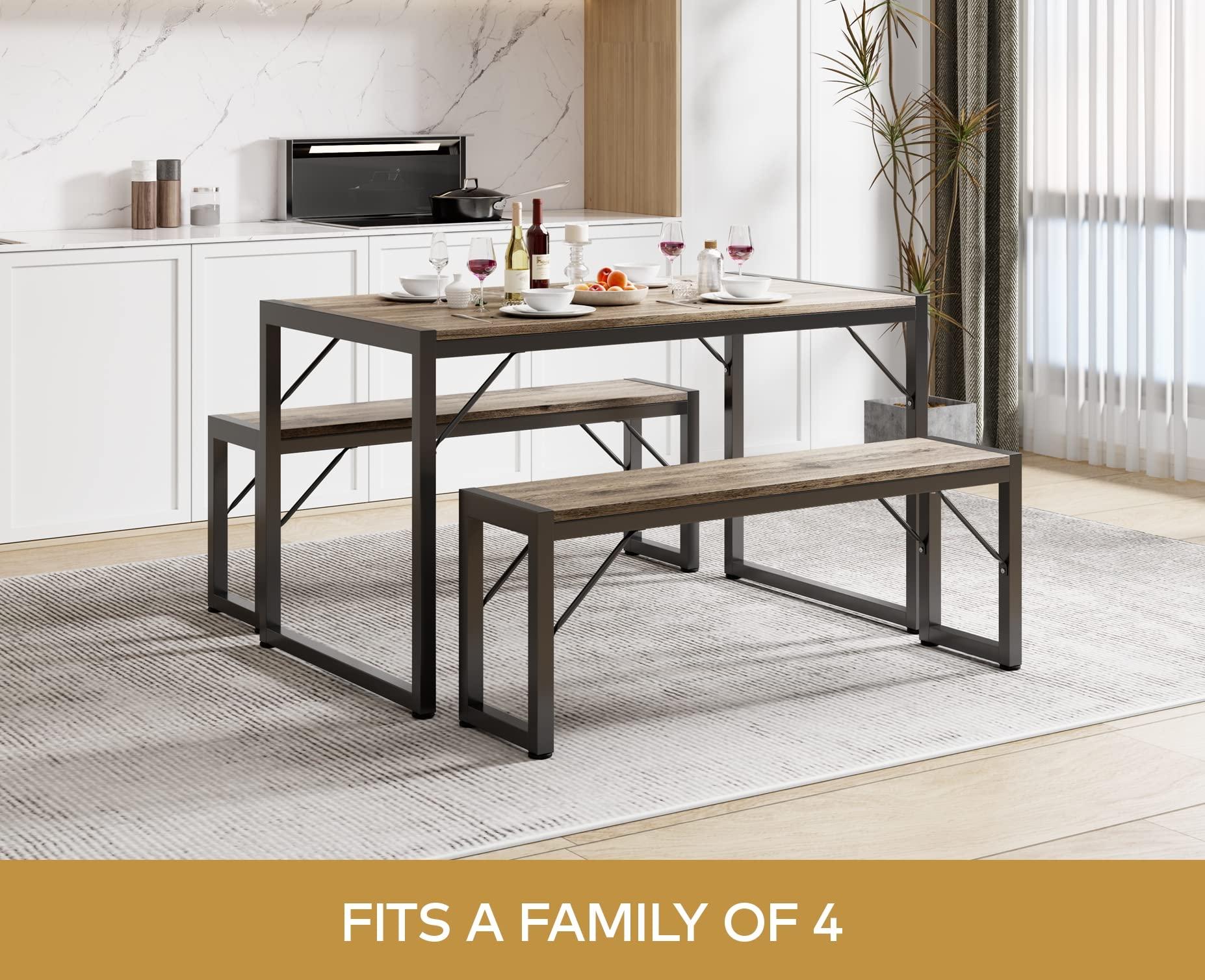 Gizoon Gizoon 45.5\" Dining Table Set for 4, Kitchen Table Set with 2 Benches, Dining Room Table Set with Metal Frame & MDF Board, Space-Saving Dinette for Kitchen, Dining Room -Grey