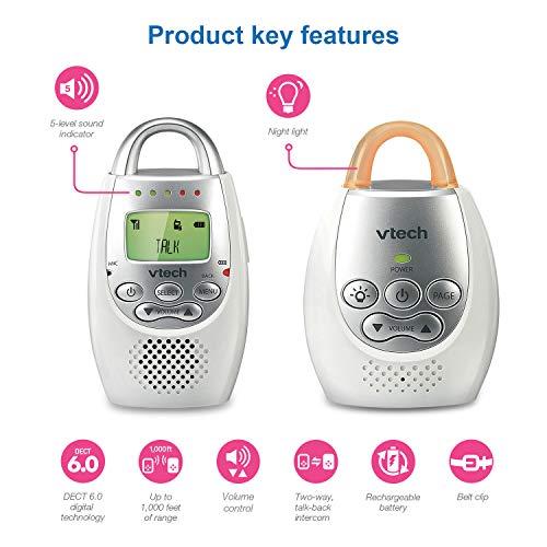 VTech VTech DM221 Audio Baby Monitor with up to 1,000 ft of Range, Vibrating Sound-Alert, Talk Back Intercom & Night Light Loop, White/Silver