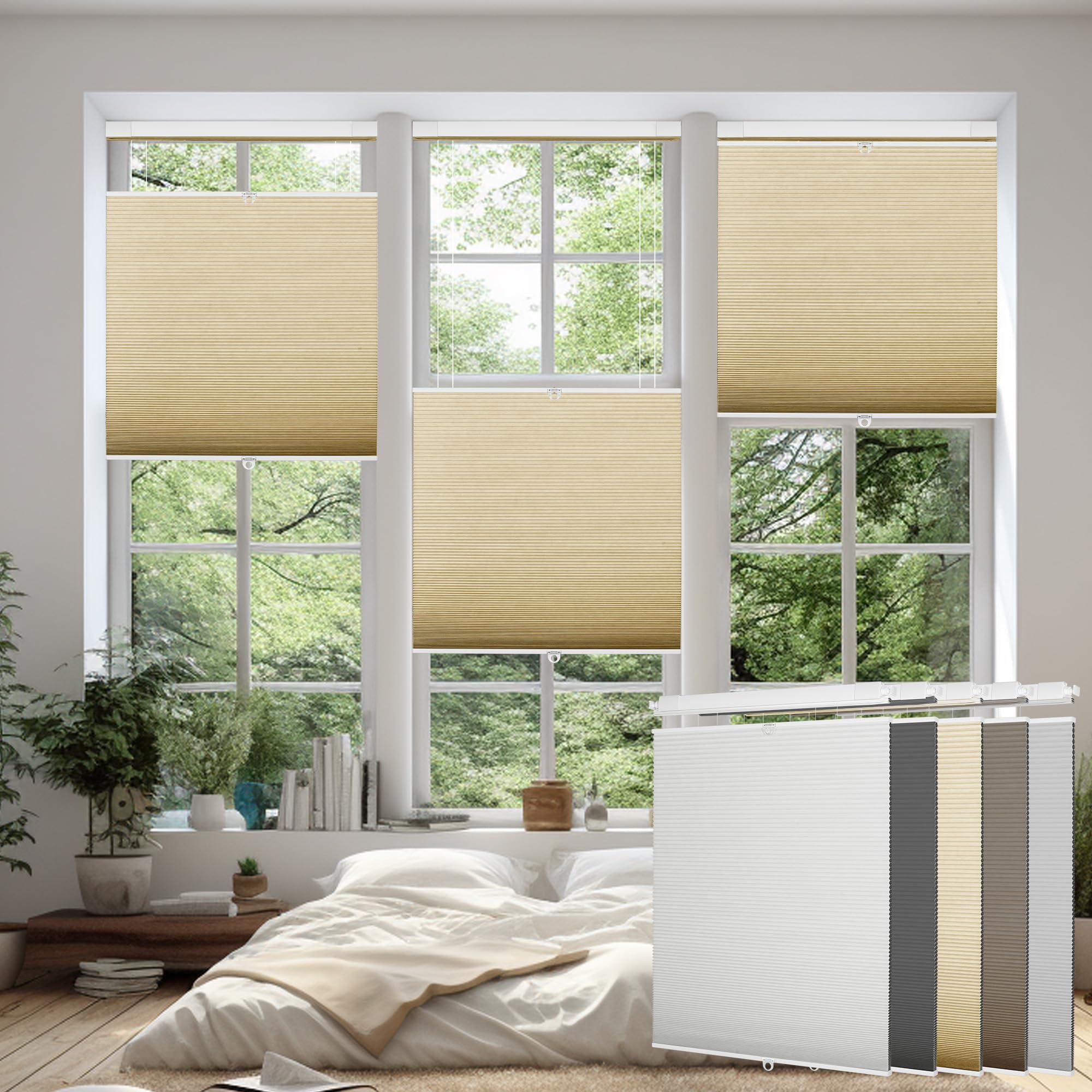 Doing-X Doing-X Cordless Cellular Shades Blackout Top Down Bottom Up No Tool No Drill Honeycomb Cellular Window Blinds Room Darkening French Door Blinds for Kitchen Living Room Office,Beige,32" W x 64" H