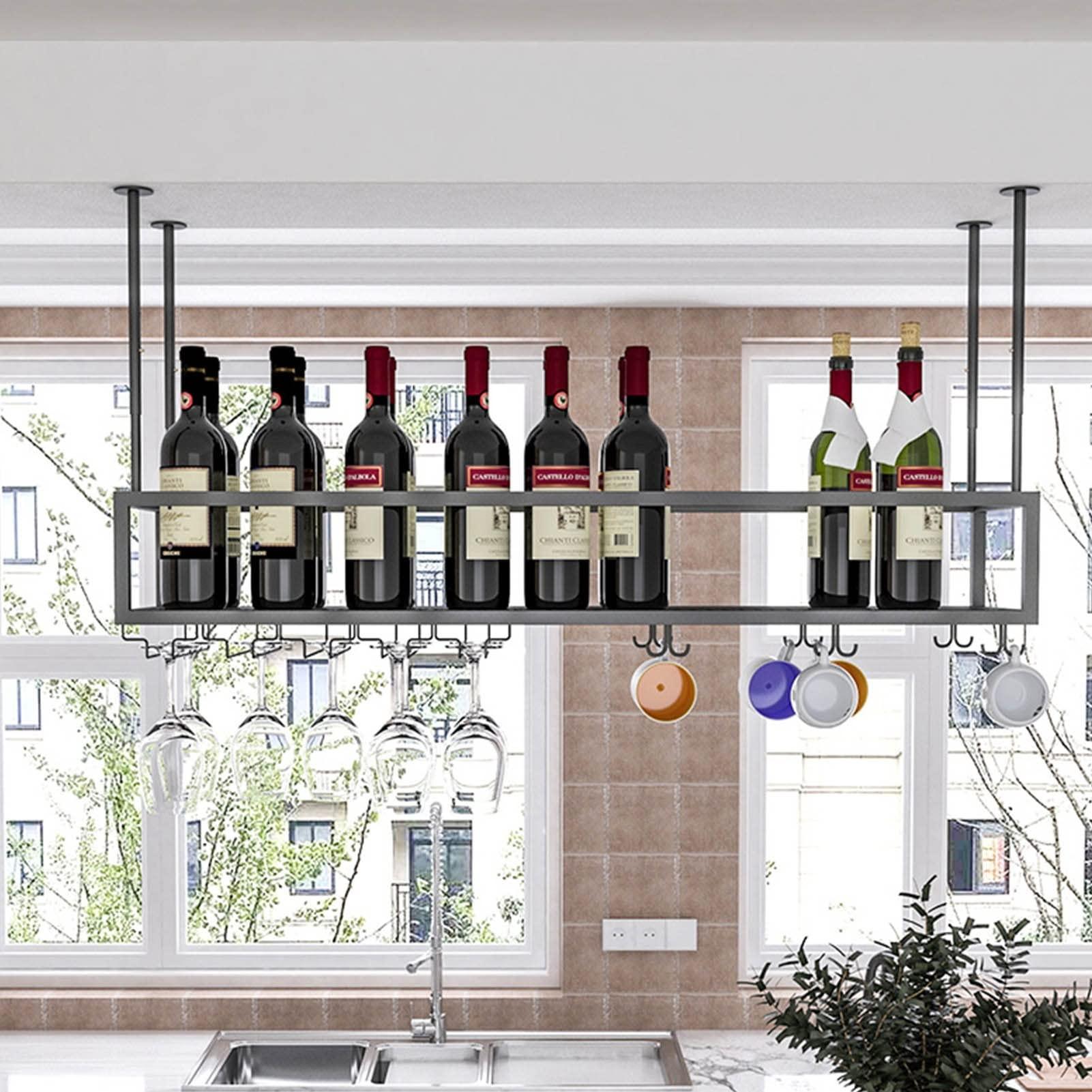 Gaommini Bar Wine Rack Ceiling Wall Hanging Wine Bottle Holder Metal, Upside Down Wine Glass Storage Racks, Goblet Stemware Racks for Under Cabinet, Kitchen Black Adjustable Height ( Size : 140x25x21cm )