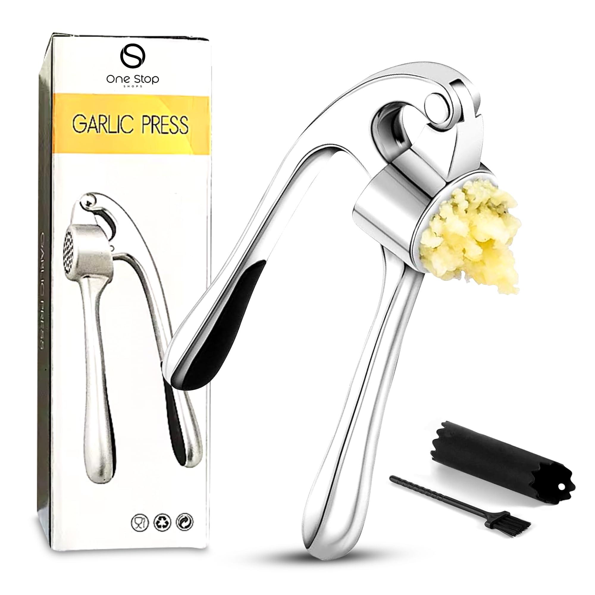One Stop SHOPS Garlic Press Premium 3 Piece Set - Dishwasher Safe Professional Mincer with Soft Ergonomic Handle, Silicone Peeler, and Cleaning Brush