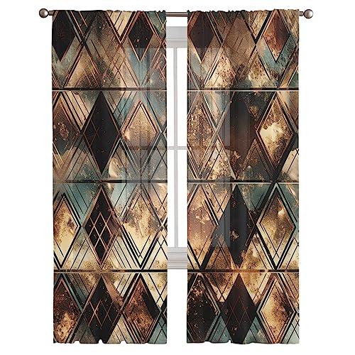 PIEPLE Brown Teal Geometric Sheer Curtains 63 Inch Length 2 Panels Set for Living Room/Bedroom, Retro Modern Plaid Abstract Art Semi Curtain Sheers Drapes Rod Pocket Curtains Window Treatment Set 52x63x2