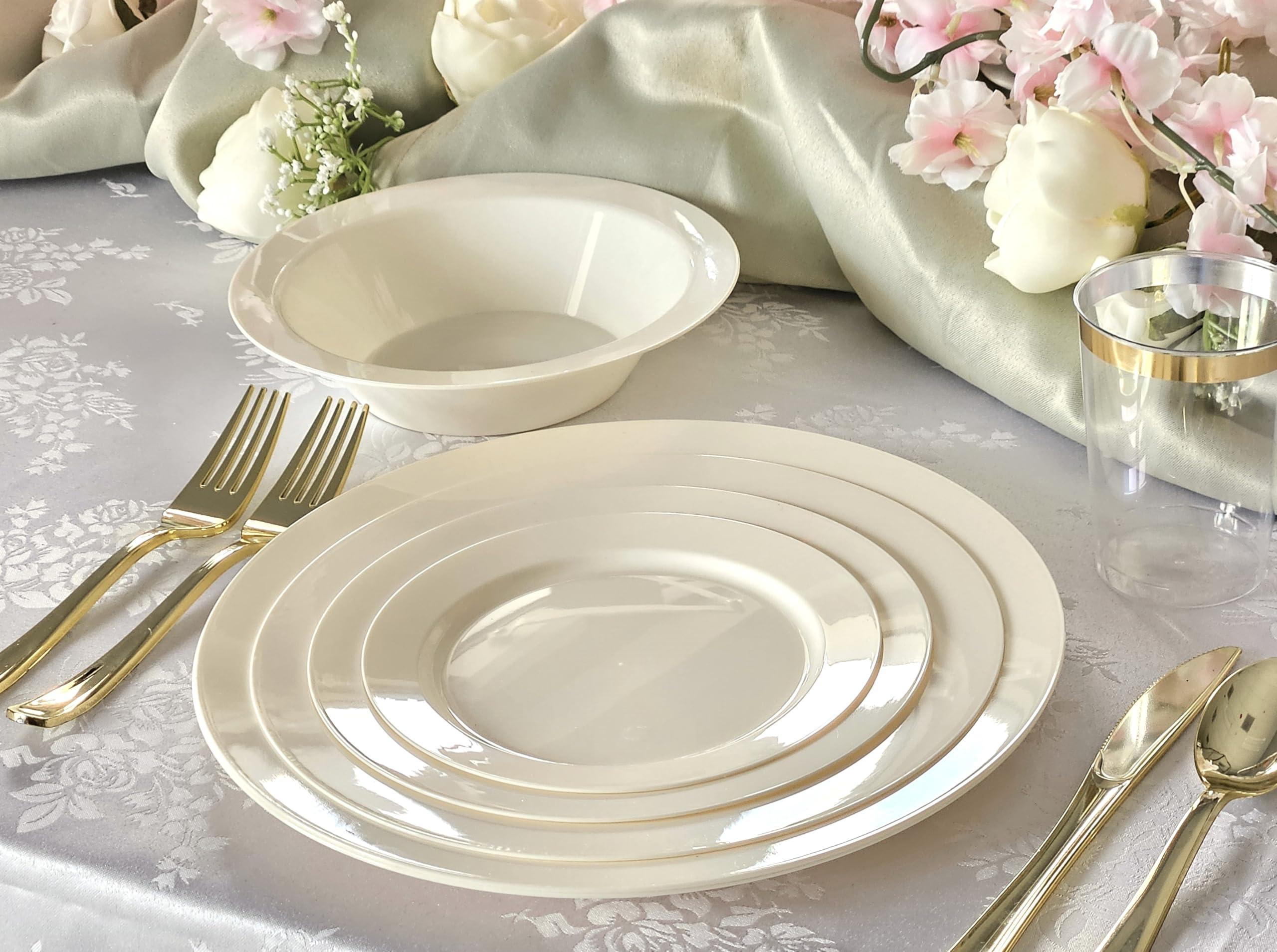 OCCASIONS FINEST PLASTIC TABLEWARE \" OCCASIONS \" 120 Plates Pack, Heavyweight Disposable Wedding Party Plastic Plates (6.25\'\' Dessert/Bread Plate, Plain Ivory)