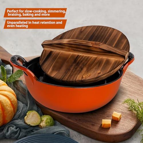 AILIBOO AILIBOO 2 Quart Dutch Oven Pot Round Cast Iron Enamel Cookware with Wooden Lid Soup Pot Mini Soup Pots- orange