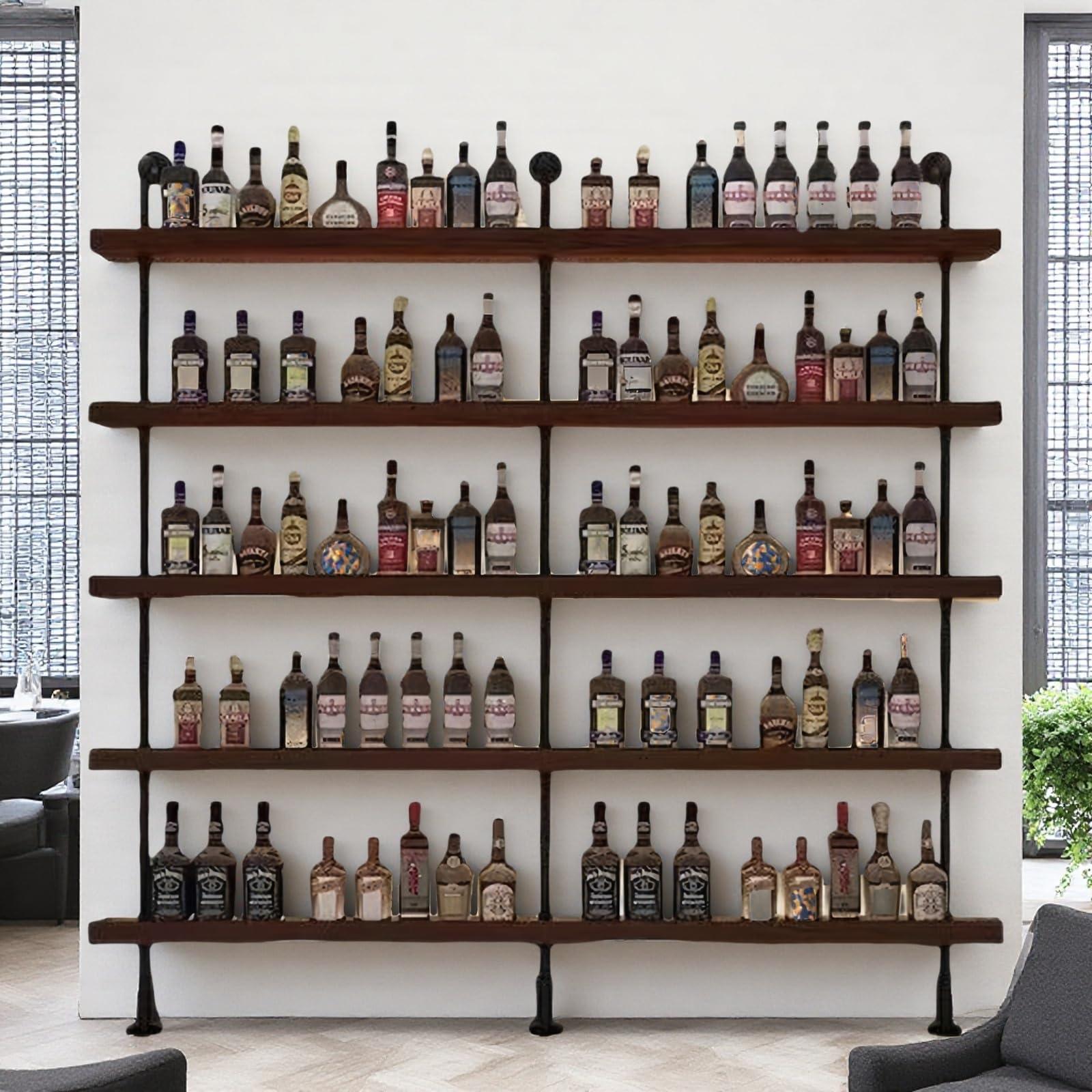 HFTUW HFTUW Industrial Wall Mounted Wine Rack, 5-Tier Rustic Metal Floating Shelves, Large Capacity Wall Bar Shelves for Liquor Bottles for Home Bar & Dining Room, Walnut(Without Lights, 120cm/47in)