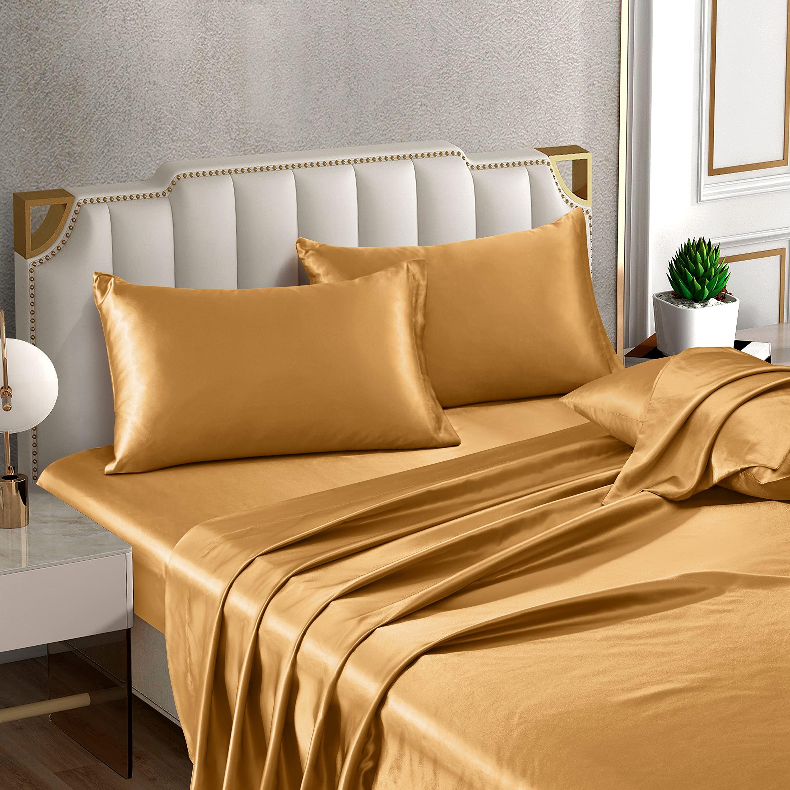 RU BEDDING RU BEDDING 100% Pure Silk Satin Sheet Set 6pcs, Silk Fitted Sheet 12 Inch Deep Pocket Silk Flat Sheet&Silk Pillowcases Set Soft Silk Sheets (Queen Gold)