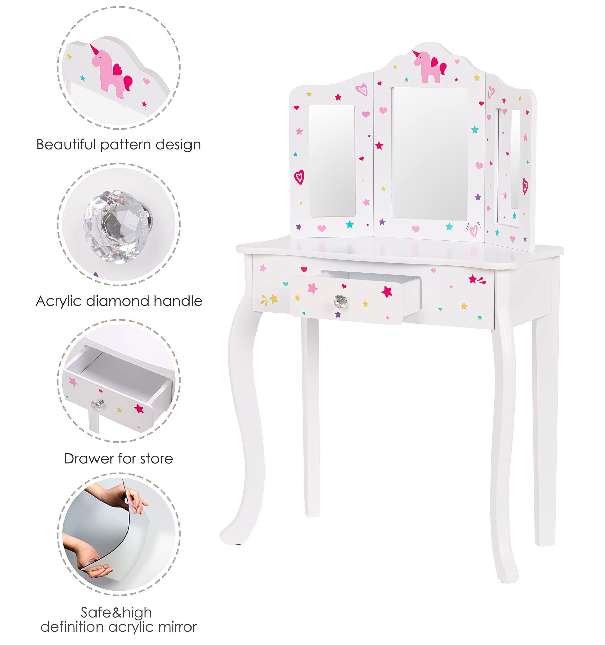 UTEX UTEX Pretend Play Kids Vanity Table and Chair Vanity Set with Mirror Makeup Dressing Table with Drawer, Play Vanity Set,White
