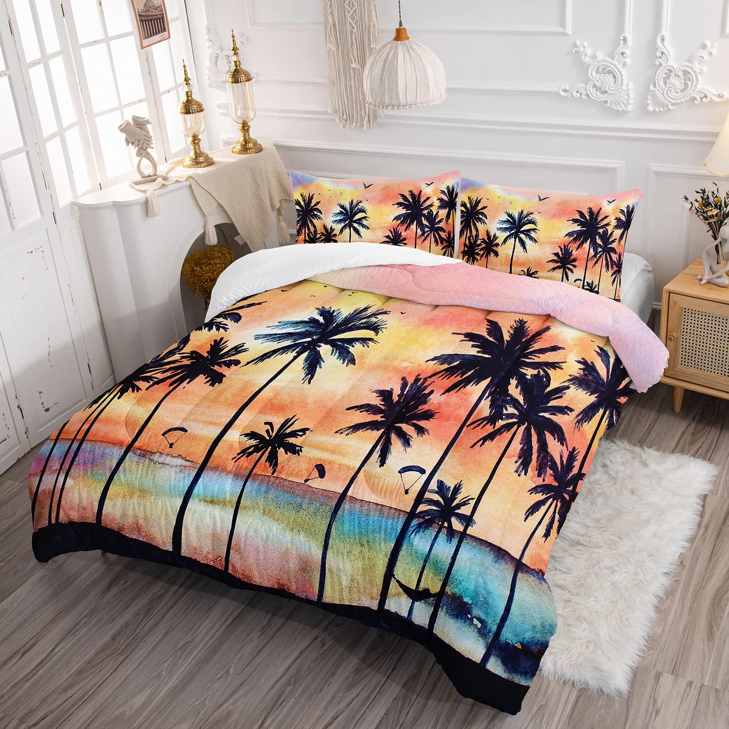 Axolotl Axolotl Beach Ocean Comforter Set Full,Coastal Beach Themed Bedding Set with Palm Trees Parachute for Girls Boys Kids Teens Adults Bedroom Decor,1 Hawaiian Comforter and 2 Pillowcases,Rainbow