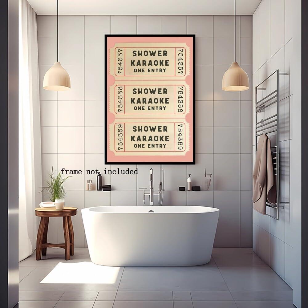 WHQethrial Funny Shower Karaoke Ticket Print Bathroom Canvas Poster for Bathroom Decor, Retro Pink Toilet Wall Art, Cute Bath Decor, Aesthetic Bathroom Art, Guest Bathroom Canvas Wall Art 8x12inch Unframed