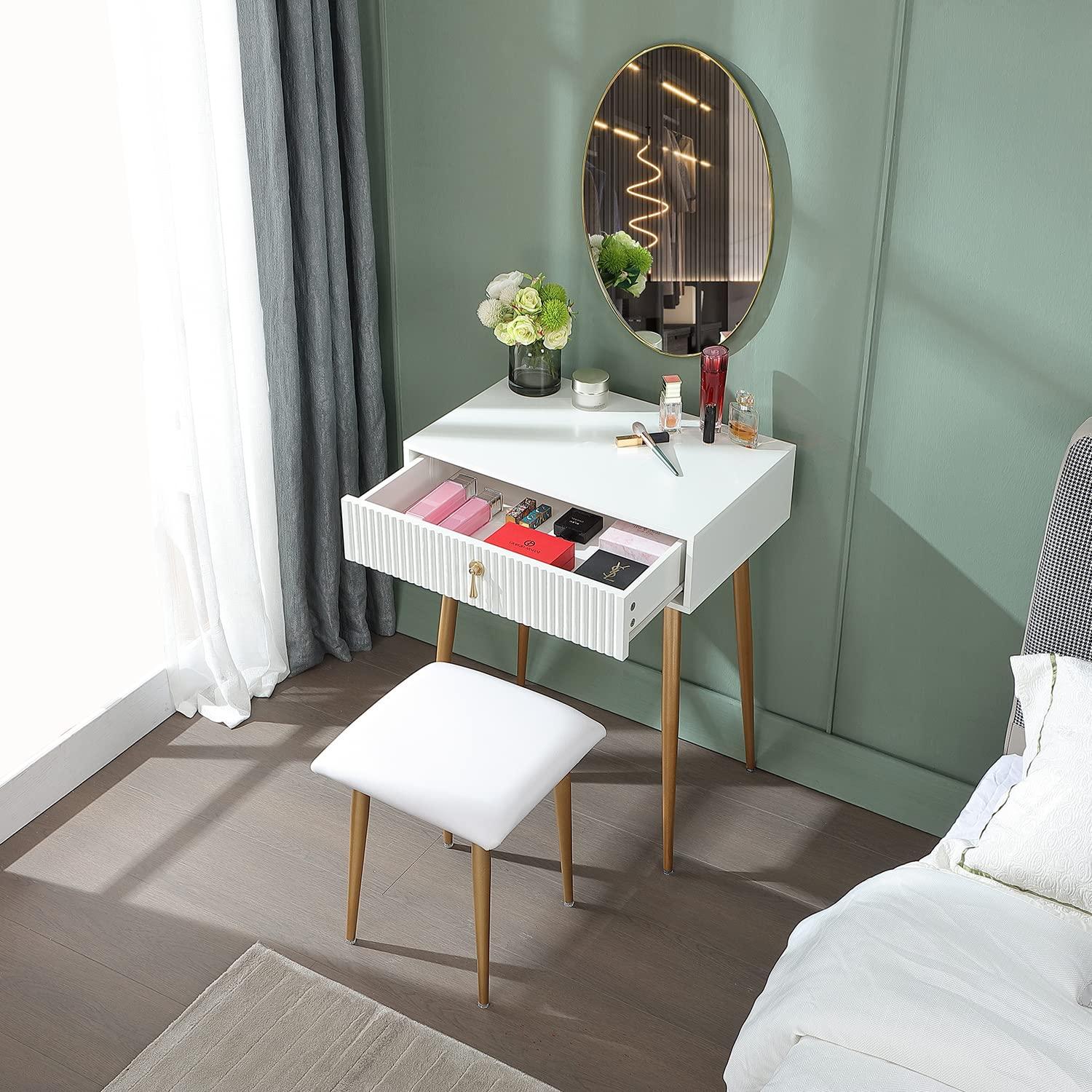 LUKYRA LUKYRA Small Vanity Desk with Drawers,Fluted Compact Makeup Table with Storage, Mini White and Gold Dressing Table (Without Mirror and Stool)