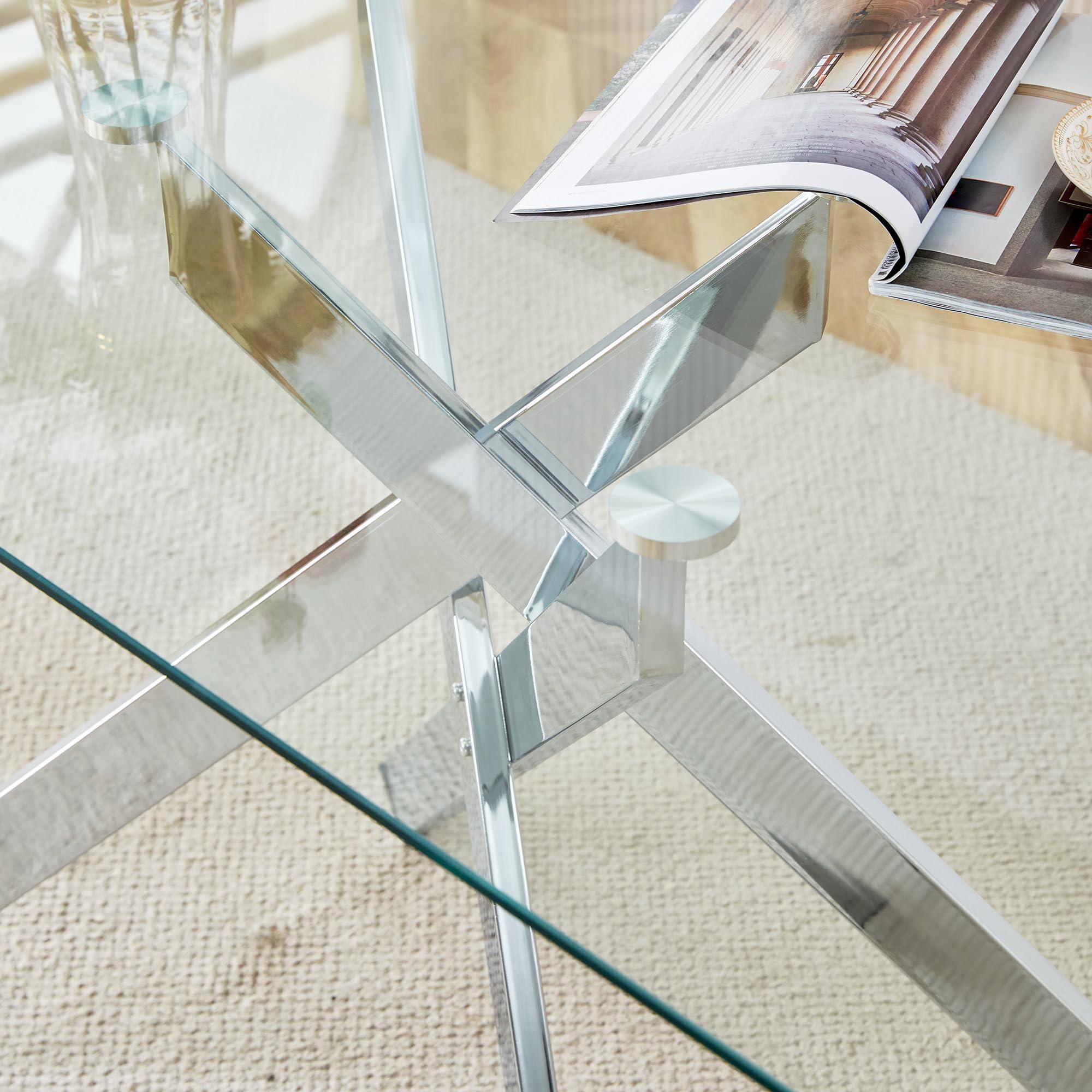 Goujxcy Rectangular Glass Dining Table, Tempered Glass Tabletop and Metal Legs, Modern Style Glass Kitchen Table for Home, Kitchen, Dining Room (Silver, 52\'\')